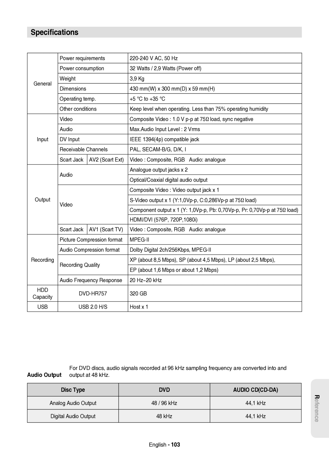 Samsung DVD-HR757/XEH manual Speciﬁcations, Disc Type, DVD Audio CDCD-DA 