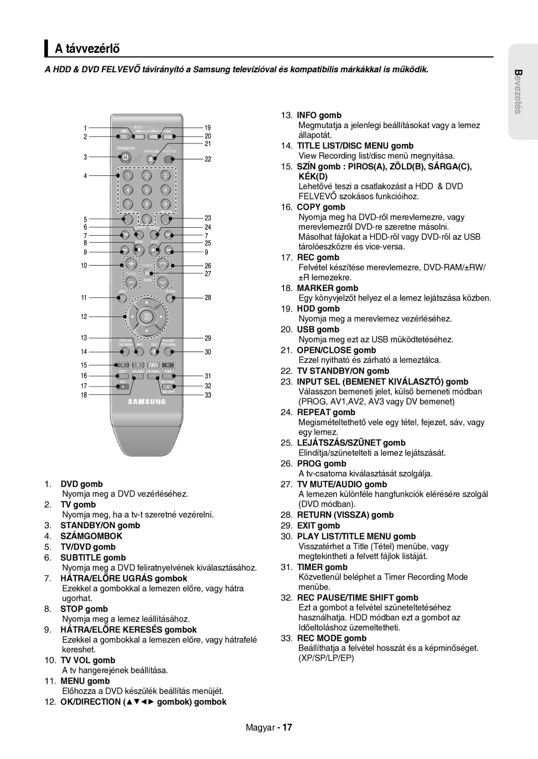 Samsung DVD-HR757/XEH manual Távvezérlő 