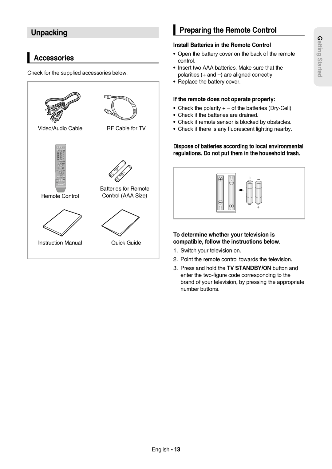 Samsung DVD-HR757/XEH manual Unpacking, Accessories, Preparing the Remote Control, Install Batteries in the Remote Control 