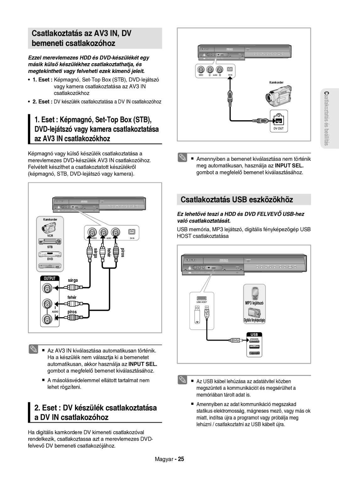 Samsung DVD-HR757/XEH manual Csatlakoztatás az AV3 IN, DV Bemeneti csatlakozóhoz, Csatlakoztatás USB eszközökhöz 