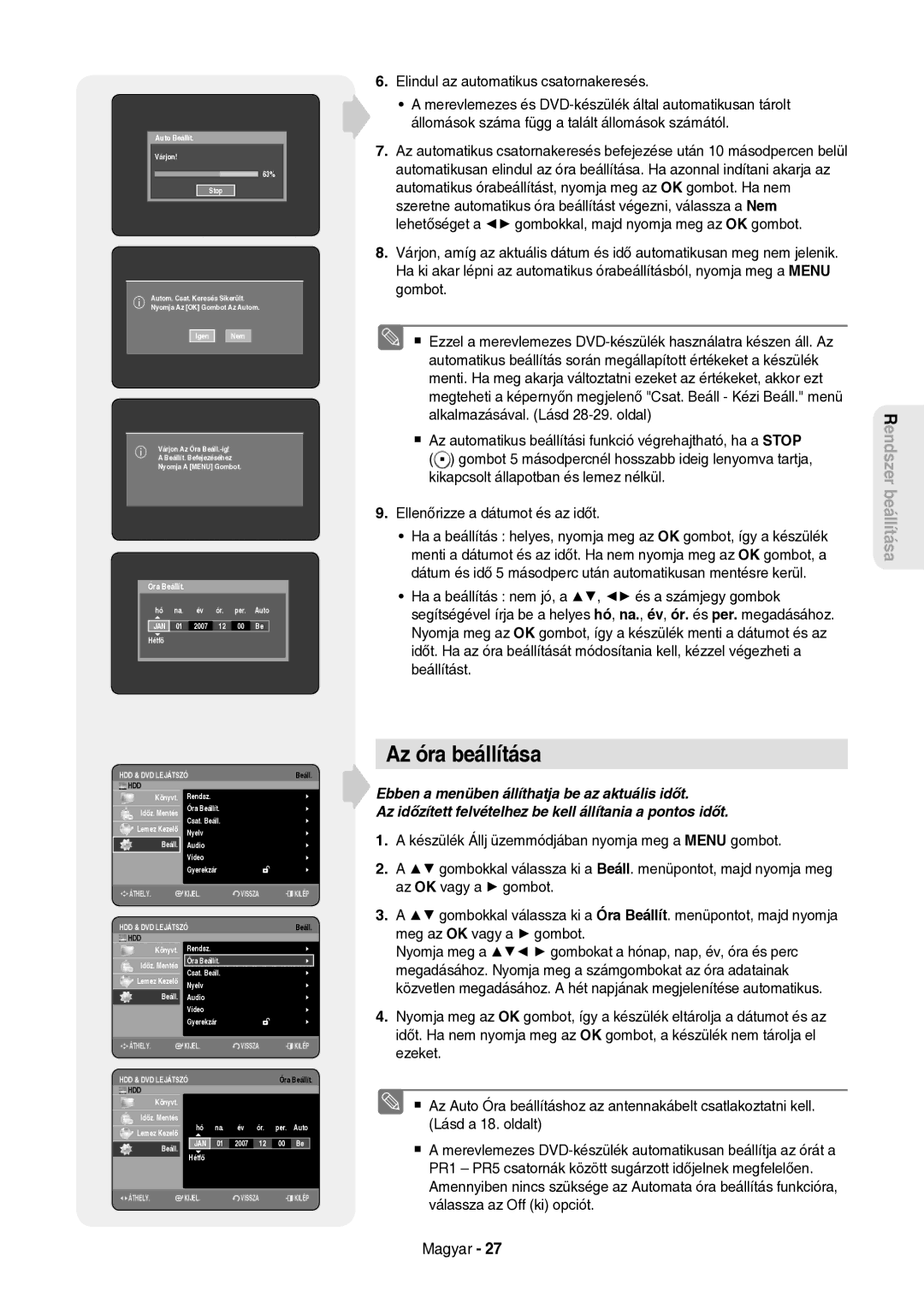 Samsung DVD-HR757/XEH manual Az óra beállítása 