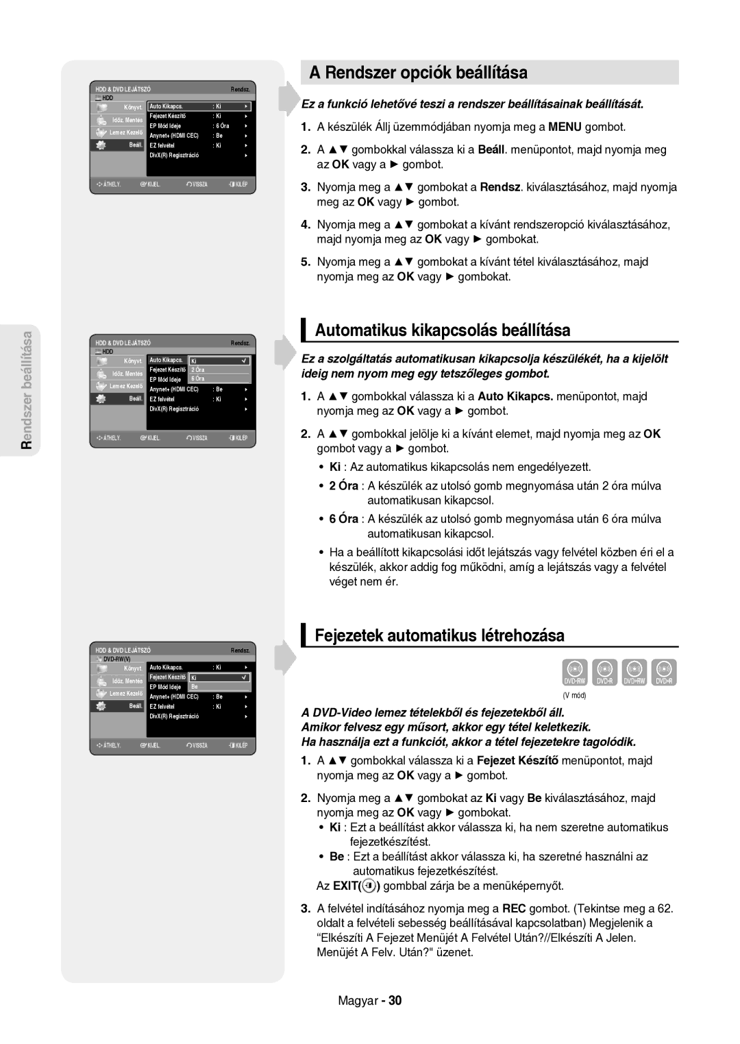 Samsung DVD-HR757/XEH Rendszer opciók beállítása, Automatikus kikapcsolás beállítása, Fejezetek automatikus létrehozása 