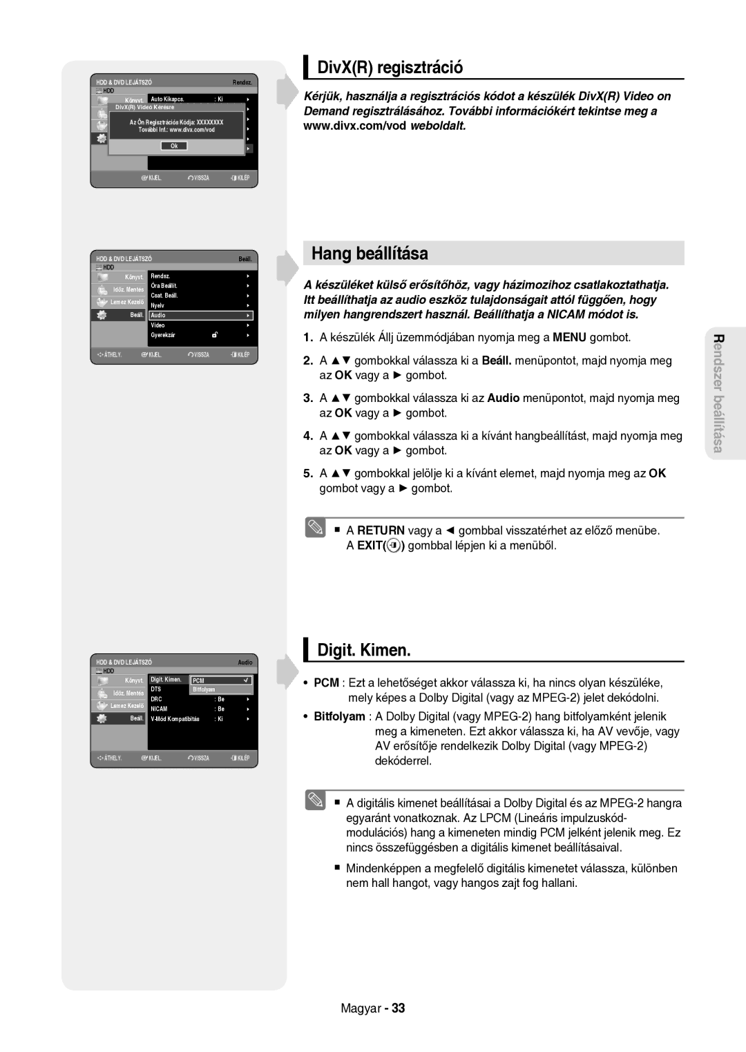 Samsung DVD-HR757/XEH manual Hang beállítása, DivXR regisztráció, Digit. Kimen 