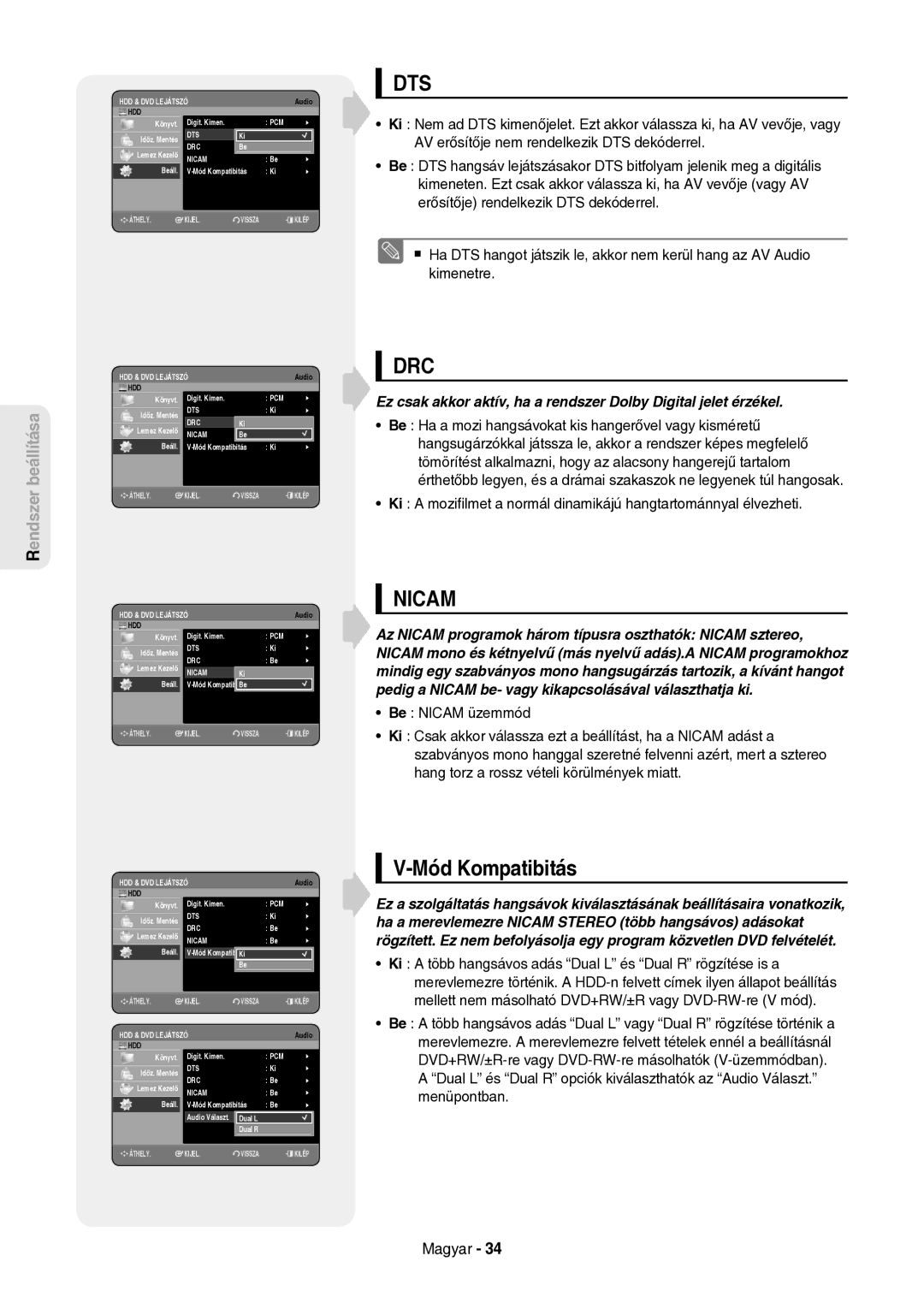 Samsung DVD-HR757/XEH manual Könyvt. Digit. Kimen, Időz. Mentés Lemez Kezelő, Beáll Mód KompatibitásBe 