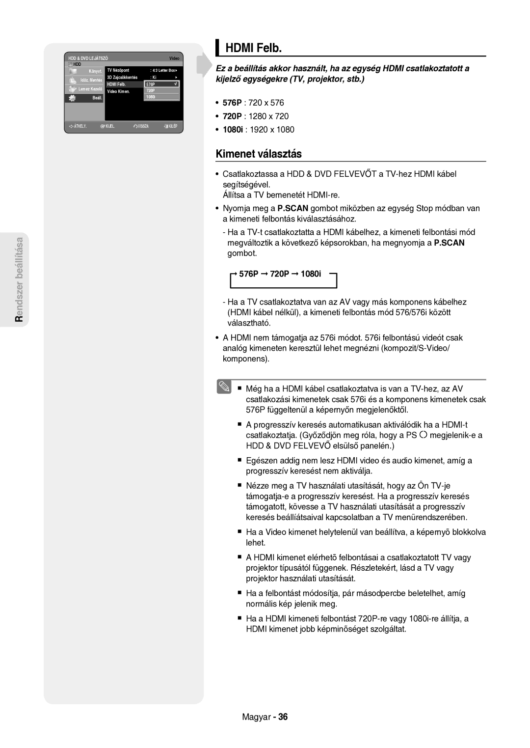 Samsung DVD-HR757/XEH manual Hdmi Felb, Kimenet választás, 576P 720 x 720P 1280 x 1080i 1920 x, 576P 720P 