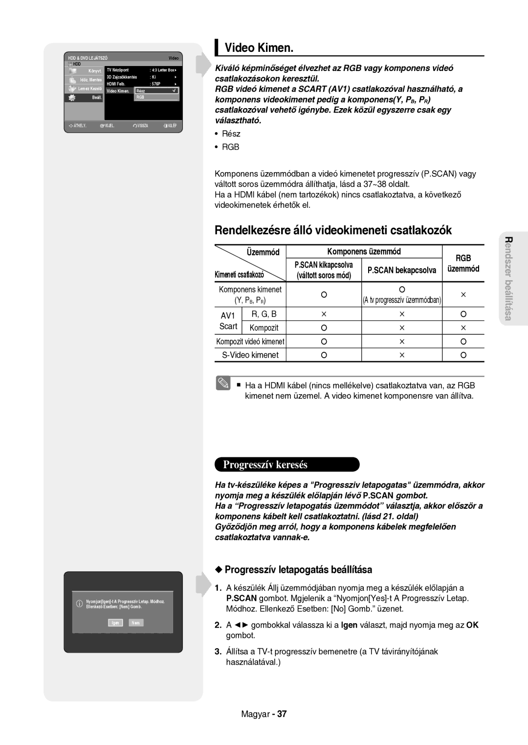 Samsung DVD-HR757/XEH Video Kimen, Rendelkezésre álló videokimeneti csatlakozók, Progresszív letapogatás beállítása, Rész 