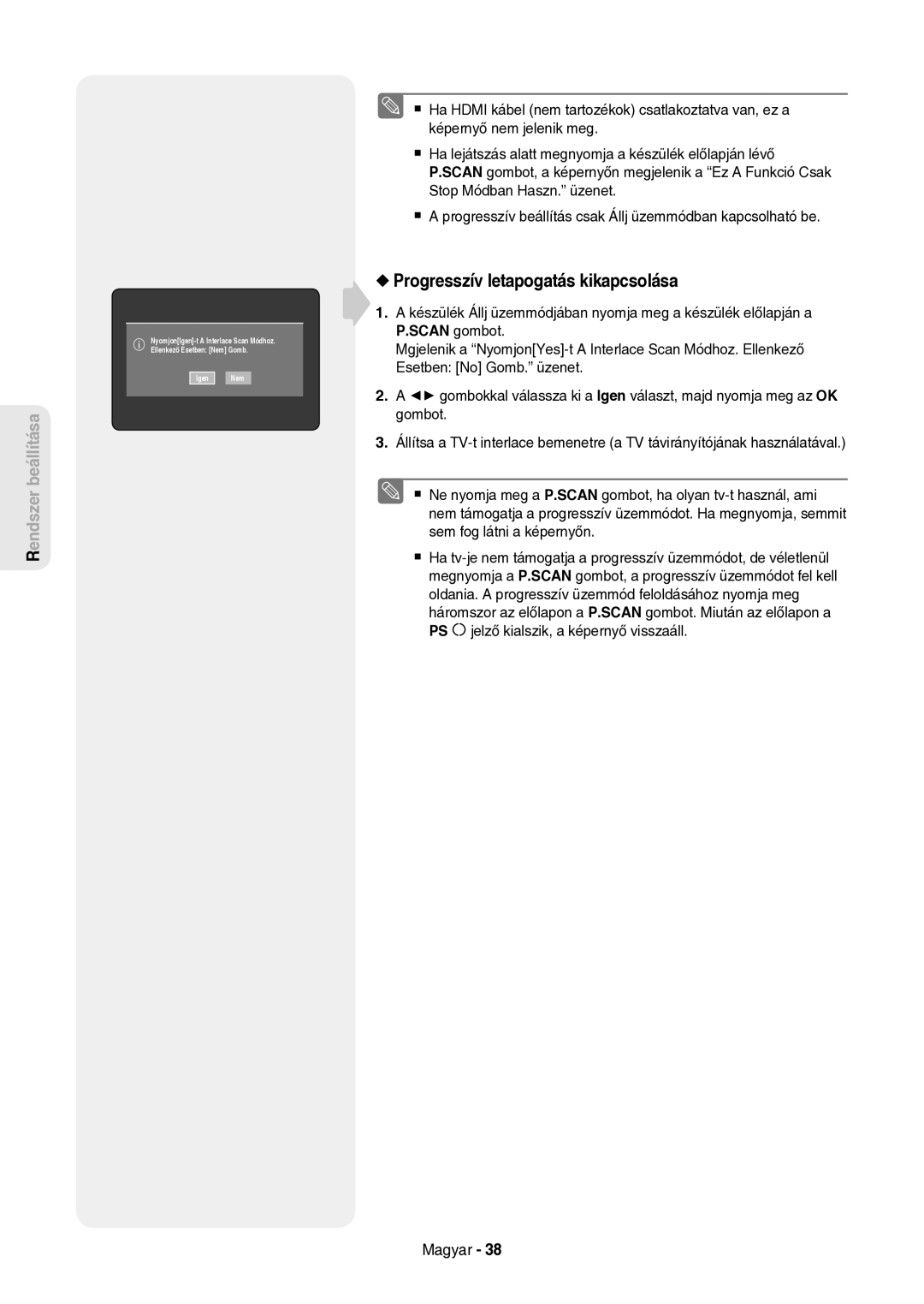 Samsung DVD-HR757/XEH manual Progresszív letapogatás kikapcsolása 