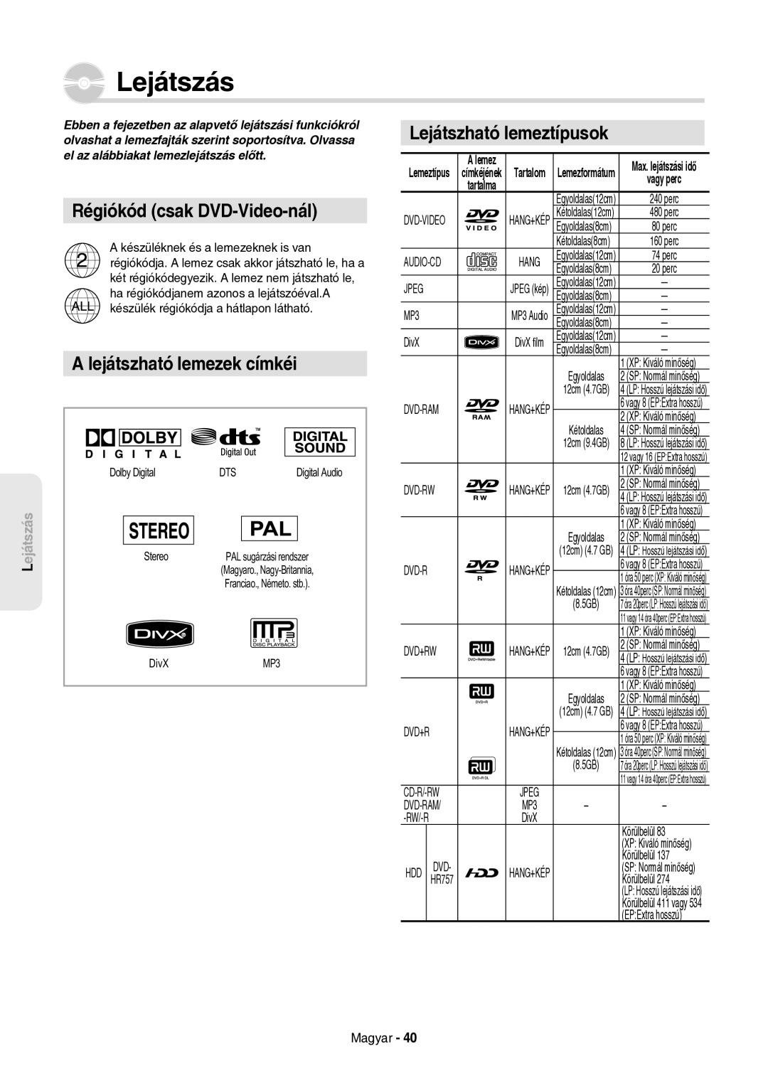 Samsung DVD-HR757/XEH manual Lejátszás, Régiókód csak DVD-Video-nál, Lejátszható lemezek címkéi, Lejátszható lemeztípusok 