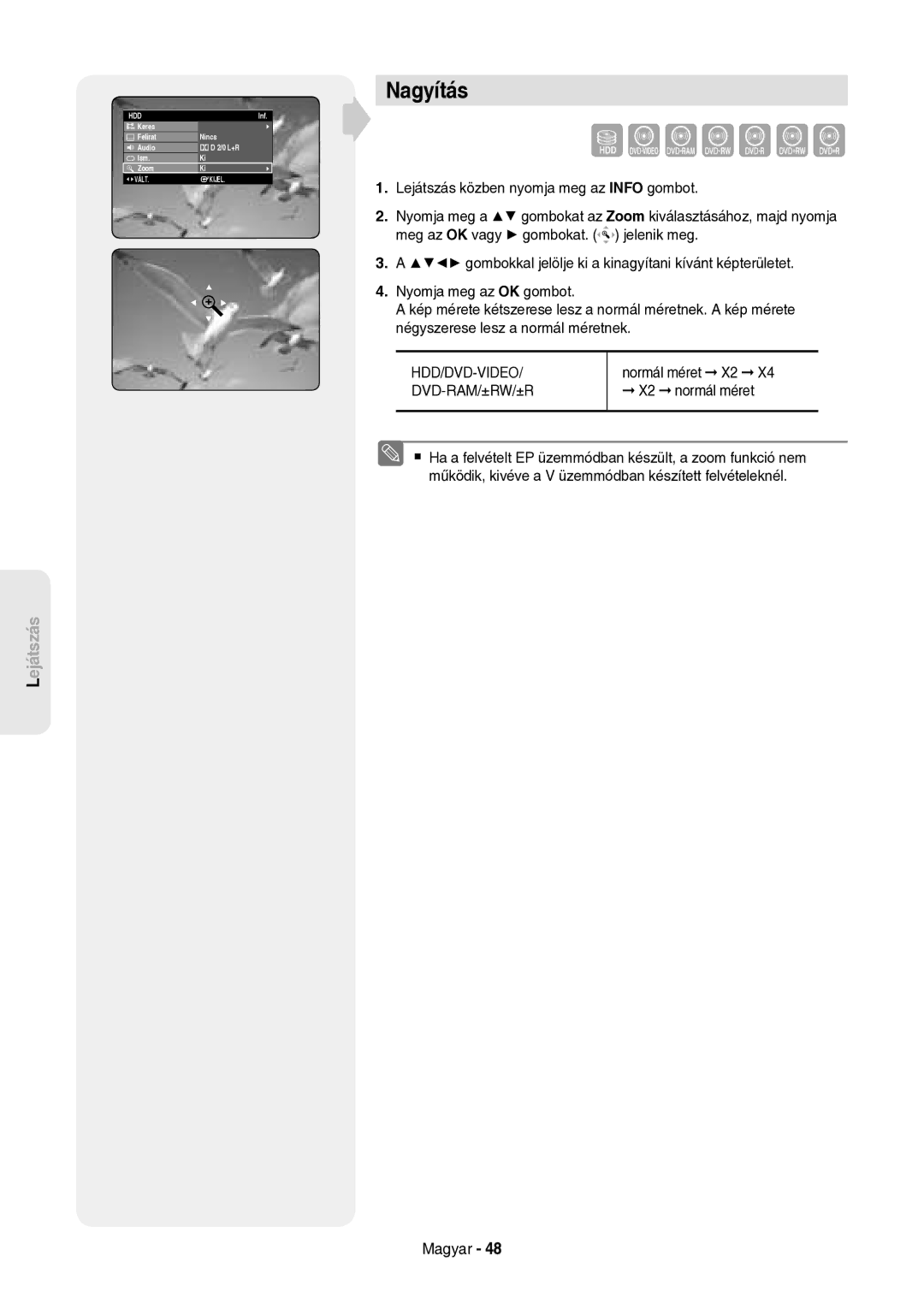 Samsung DVD-HR757/XEH manual Nagyítás, Normál méret X2, X2 normál méret 