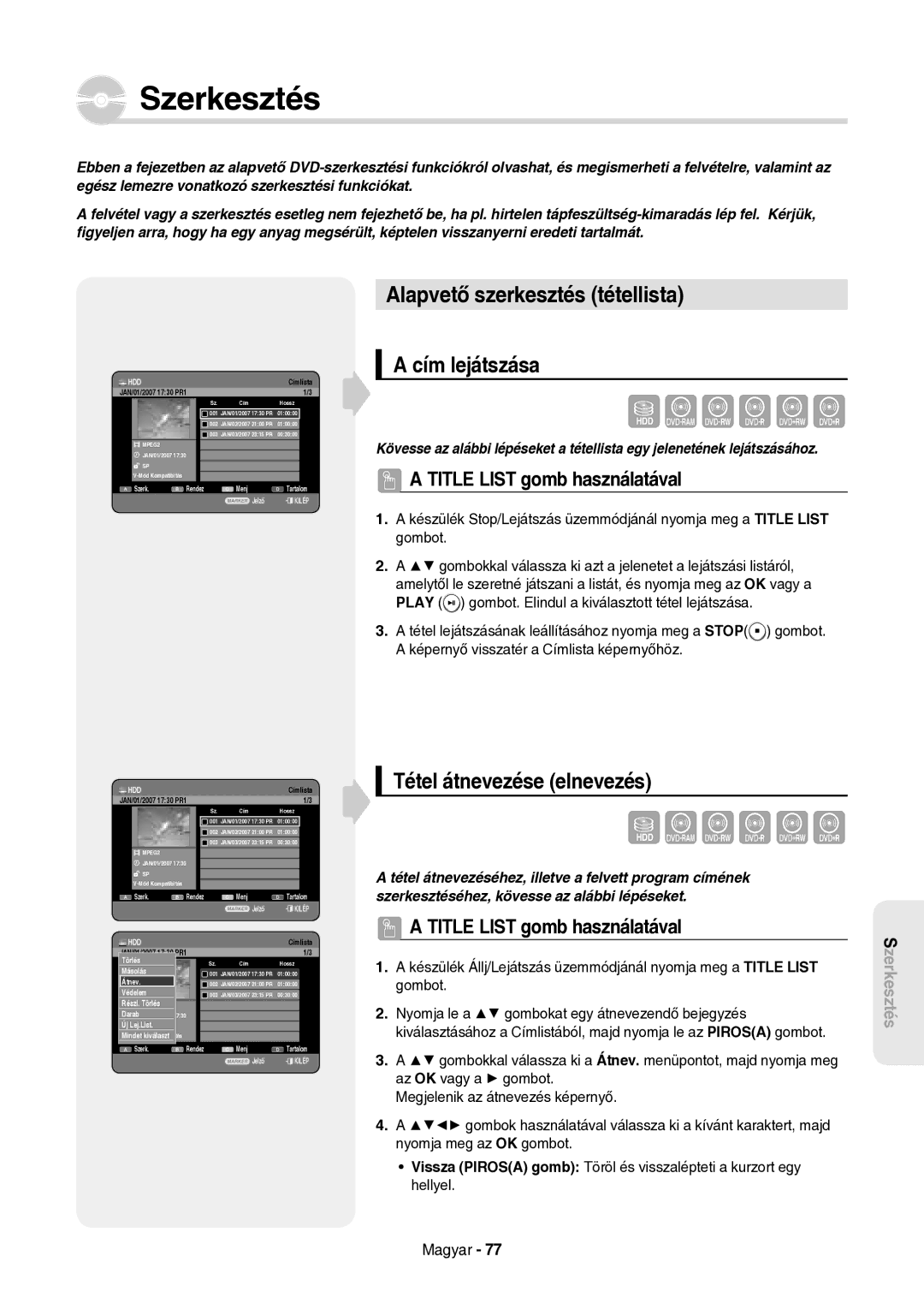 Samsung DVD-HR757/XEH manual Szerkesztés, Alapvető szerkesztés tétellista, Cím lejátszása, Tétel átnevezése elnevezés 