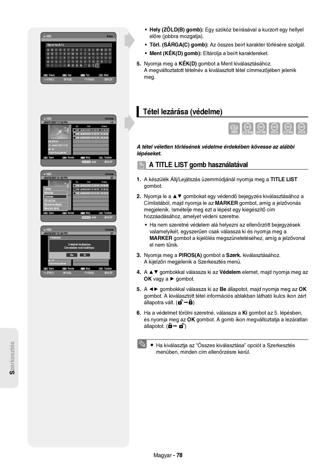 Samsung DVD-HR757/XEH manual Tétel lezárása védelme, Mindet1 SPkiválaszt, JAN/02/2007 2100 PR1 Védelem 