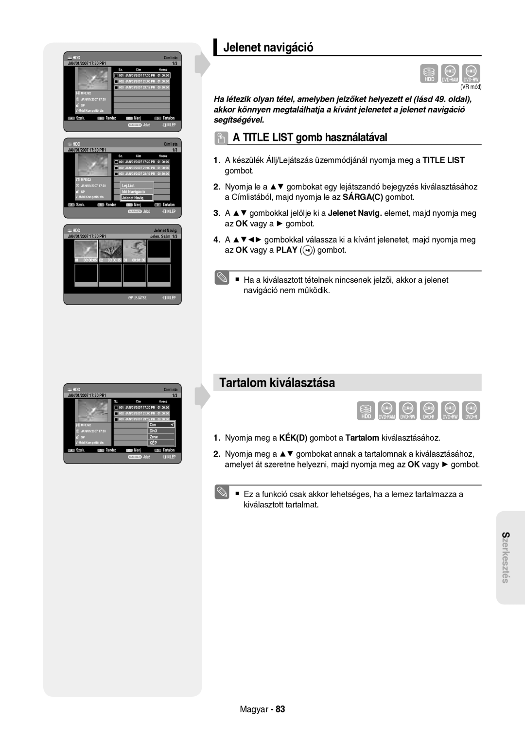 Samsung DVD-HR757/XEH manual Tartalom kiválasztása, Jelenet navigáció 