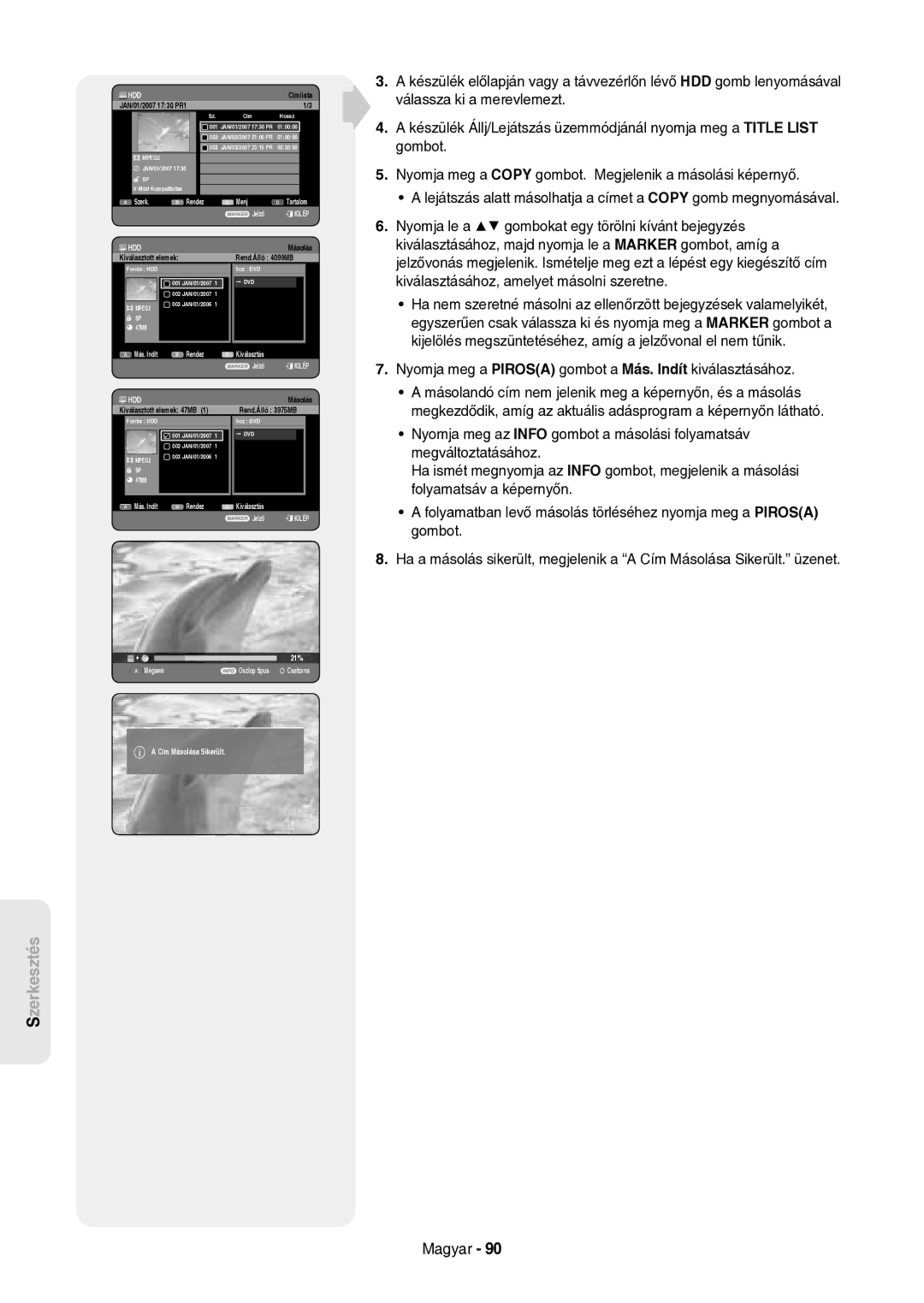 Samsung DVD-HR757/XEH manual Címlista, Cím Másolása Sikerült 