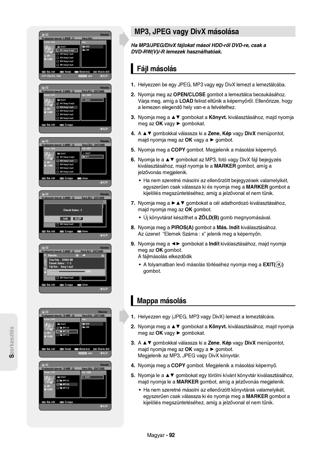 Samsung DVD-HR757/XEH manual MP3, Jpeg vagy DivX másolása, Fájl másolás, Mappa másolás 