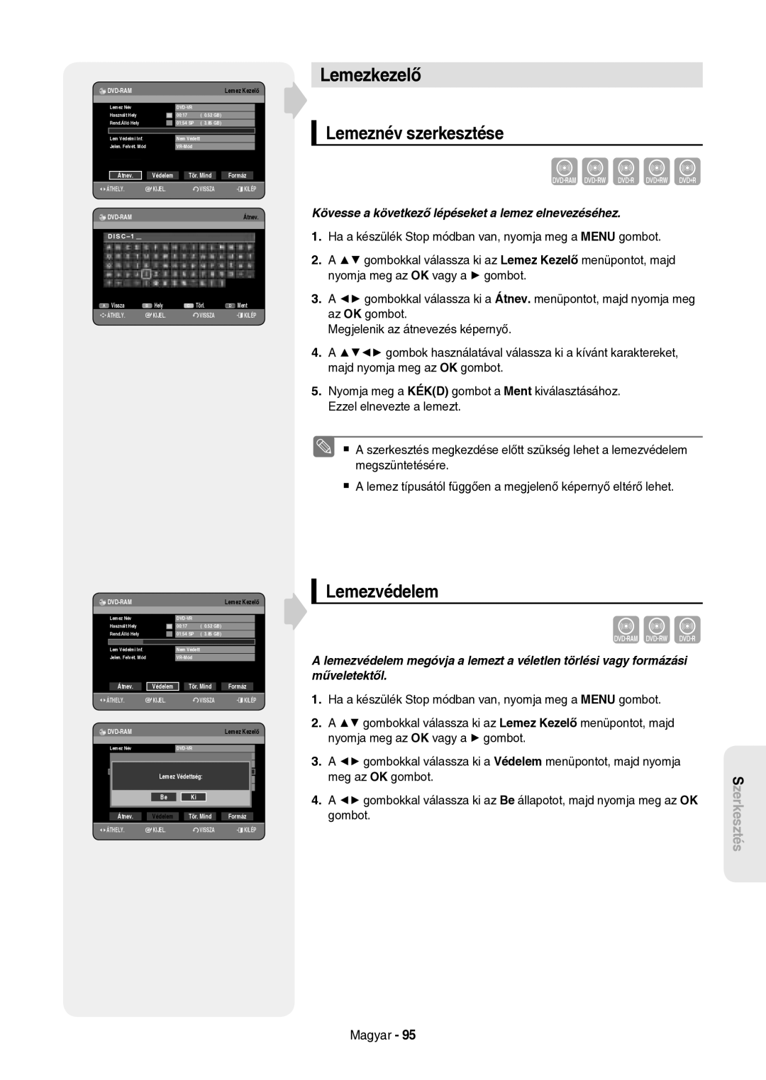 Samsung DVD-HR757/XEH manual Lemezkezelő, Lemeznév szerkesztése, Lemezvédelem, Átnev Védelem Tör. Mind Formáz 