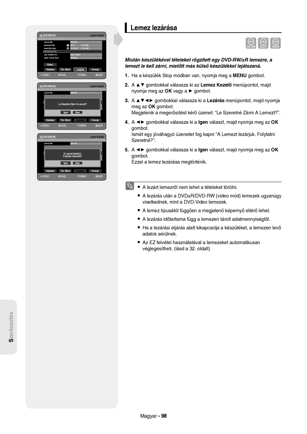 Samsung DVD-HR757/XEH manual Lemez lezárása, Tör. Mind Lezárás 