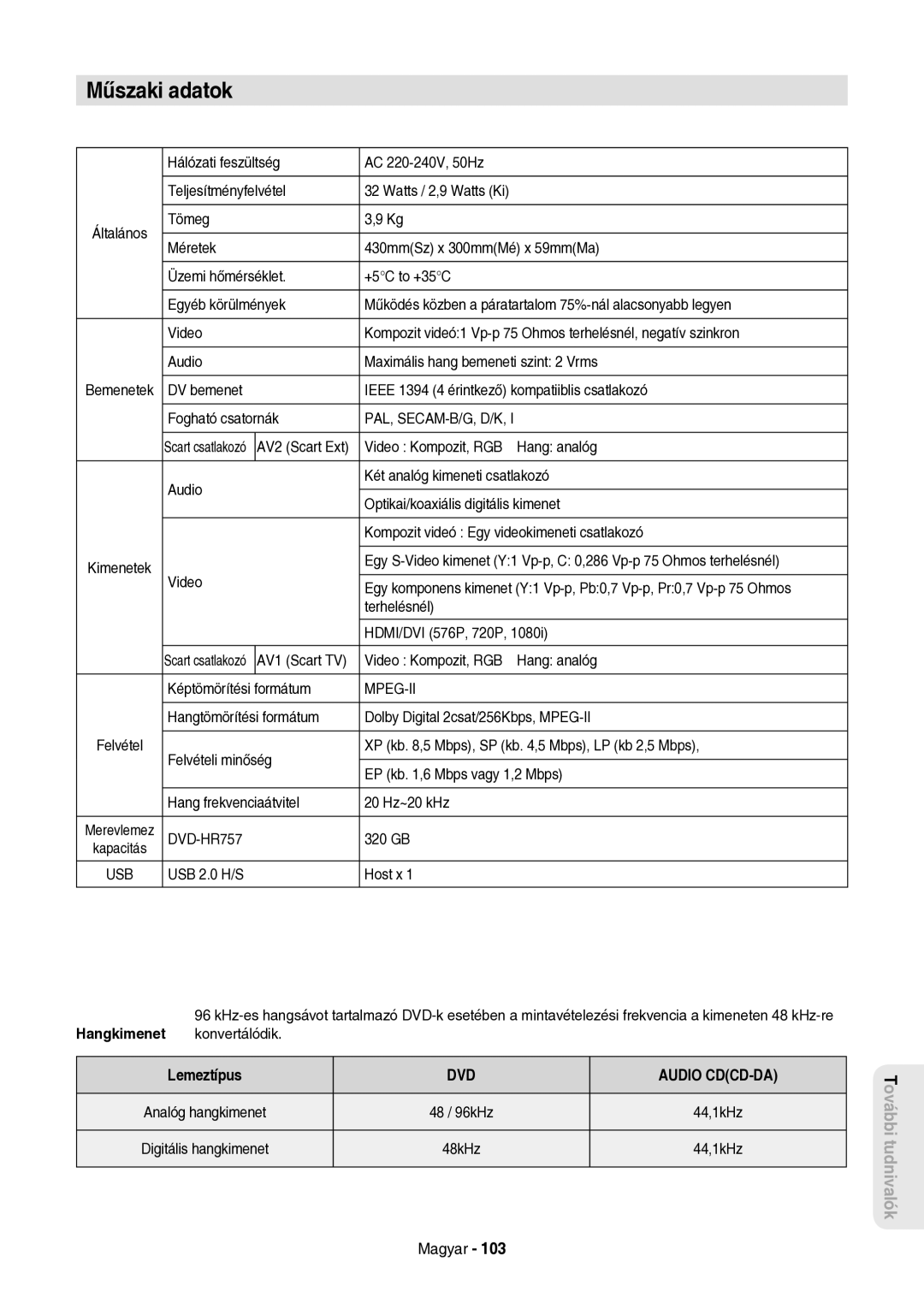 Samsung DVD-HR757/XEH manual Műszaki adatok, Hálózati feszültség AC 220-240V, 50Hz Teljesítményfelvétel, 320 GB 