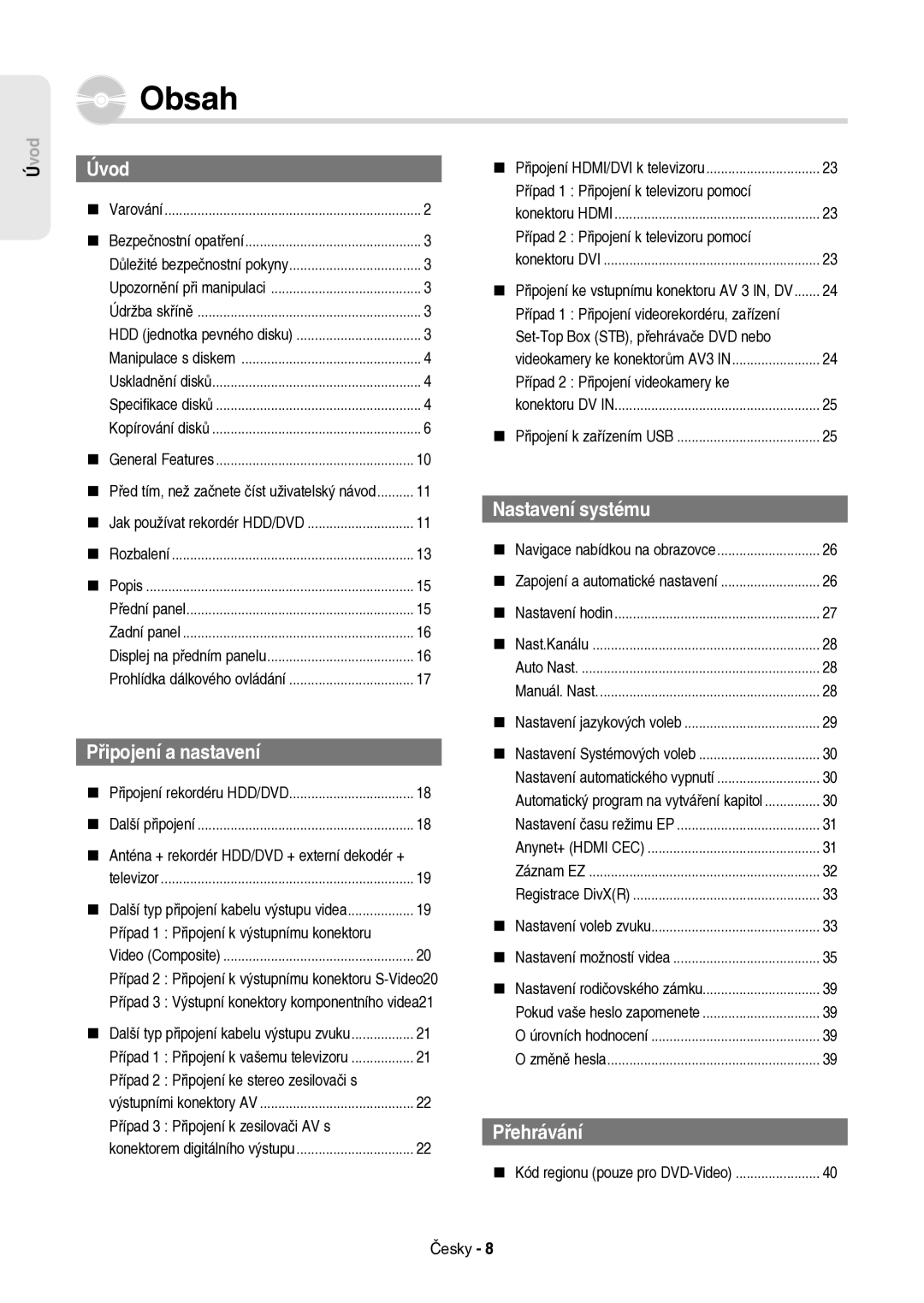 Samsung DVD-HR757/XEH manual Obsah 