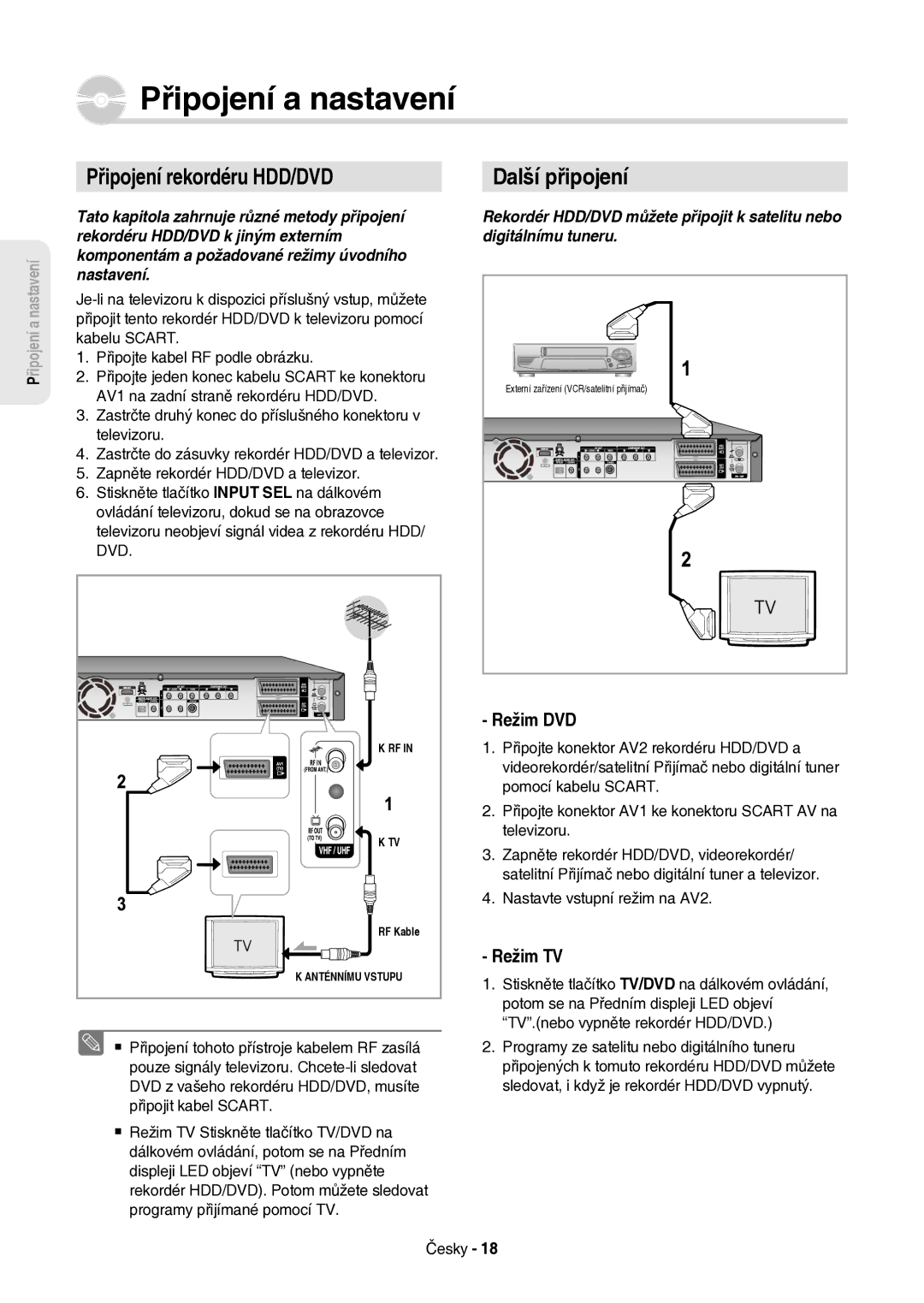 Samsung DVD-HR757/XEH manual Připojení a nastavení, Připojení rekordéru HDD/DVD, Další připojení, Režim DVD, Režim TV 