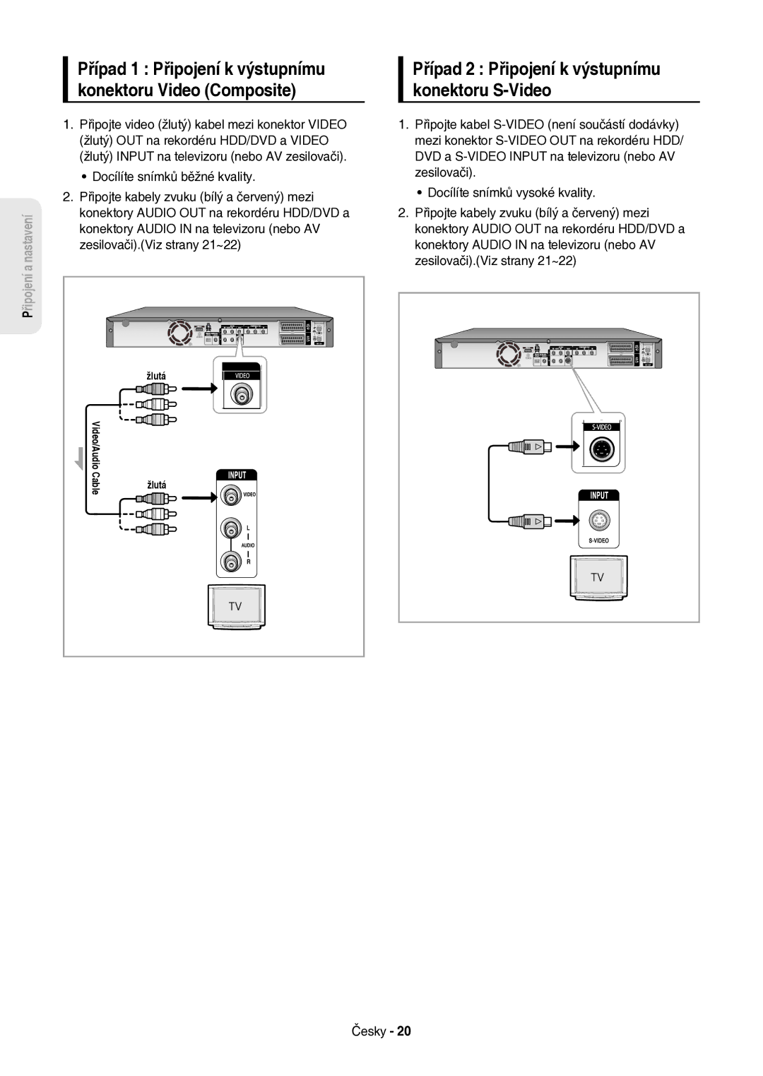 Samsung DVD-HR757/XEH manual Případ 2 Připojení k výstupnímu konektoru S-Video, Konektory Audio in na televizoru nebo AV 