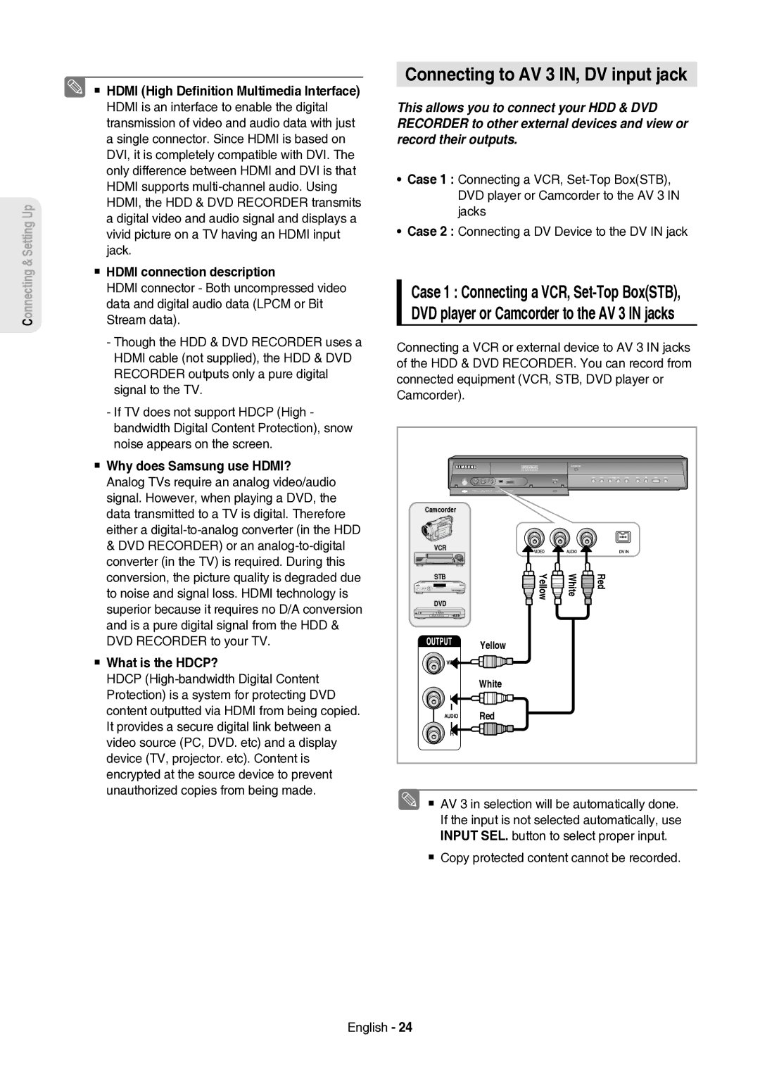 Samsung DVD-HR757/XEH manual Connecting to AV 3 IN, DV input jack,  Hdmi connection description,  What is the HDCP? 