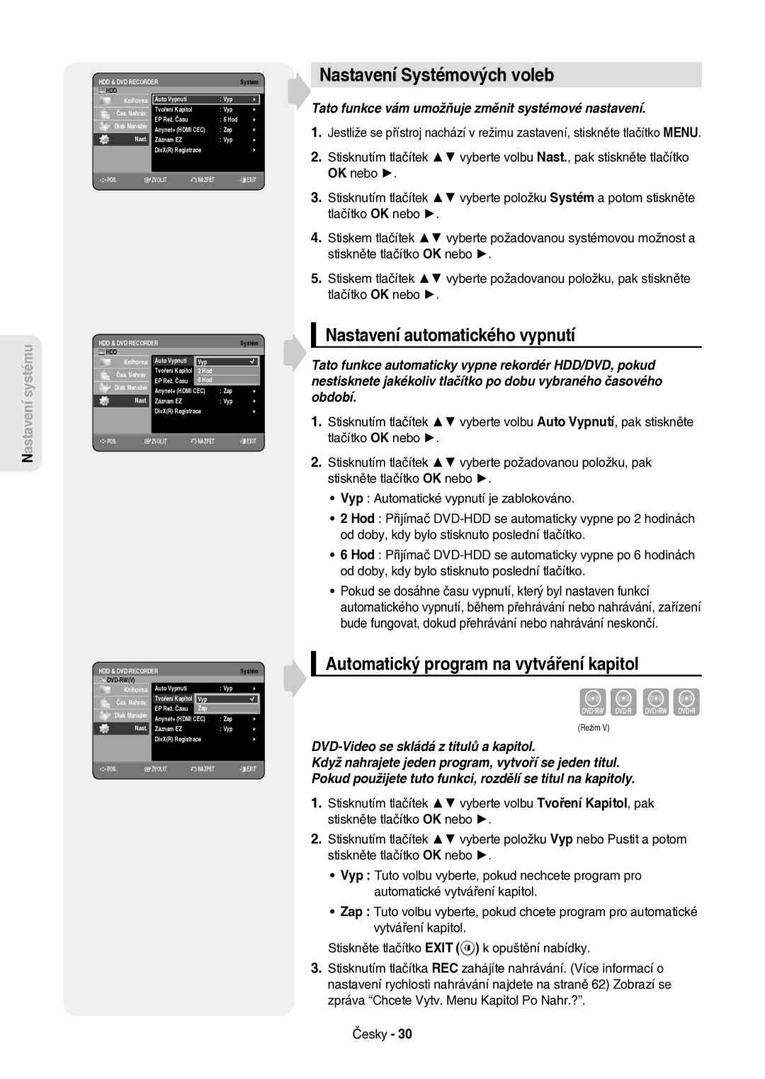 Samsung DVD-HR757/XEH Nastavení Systémových voleb, Nastavení automatického vypnutí, DVD-Video se skládá z titulů a kapitol 