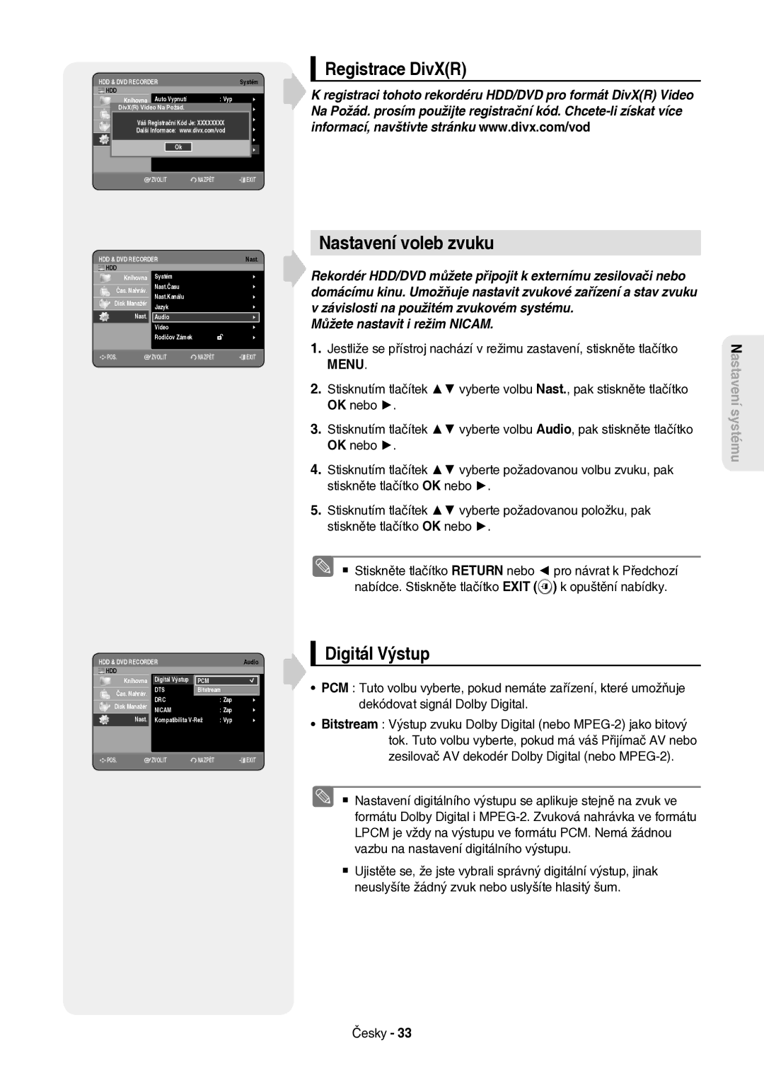 Samsung DVD-HR757/XEH manual Nastavení voleb zvuku, Registrace DivXR, Digitál Výstup 