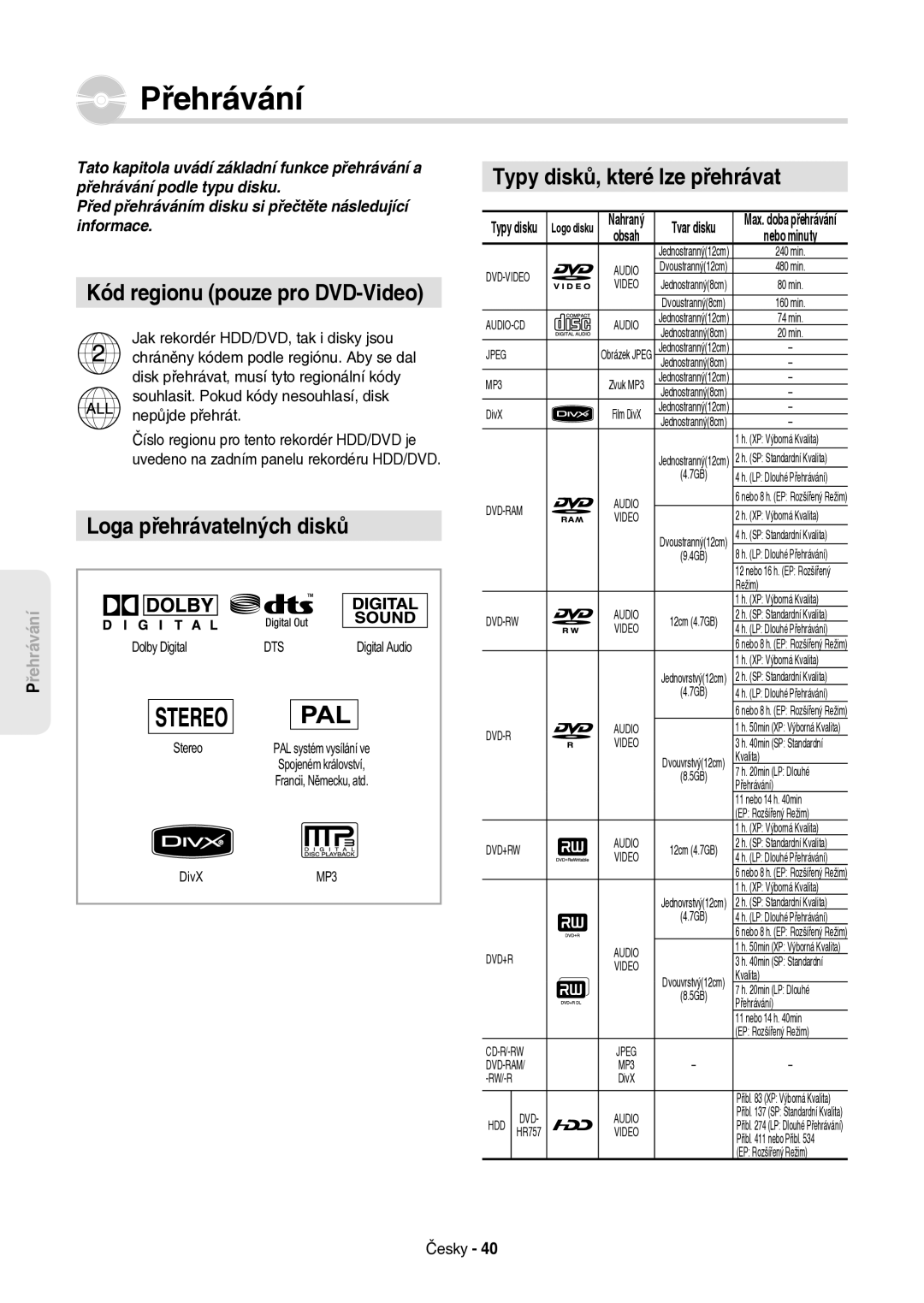 Samsung DVD-HR757/XEH manual Přehrávání, Kód regionu pouze pro DVD-Video, Loga přehrávatelných disků 