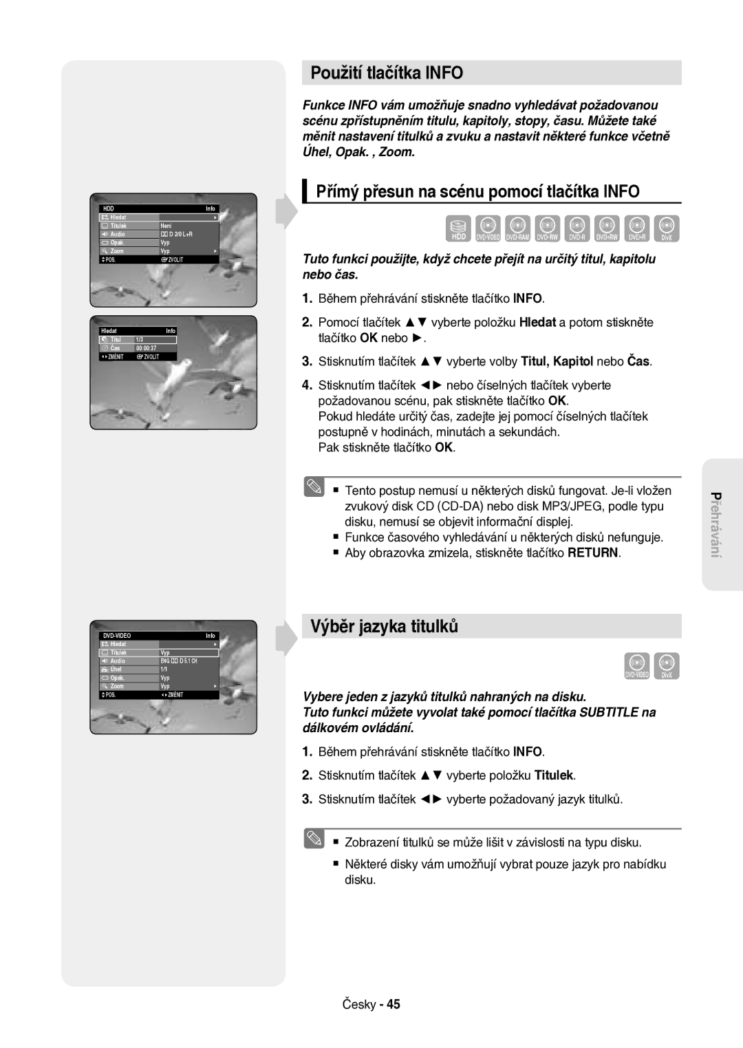 Samsung DVD-HR757/XEH manual Použití tlačítka Info, Výběr jazyka titulků, Přímý přesun na scénu pomocí tlačítka Info 