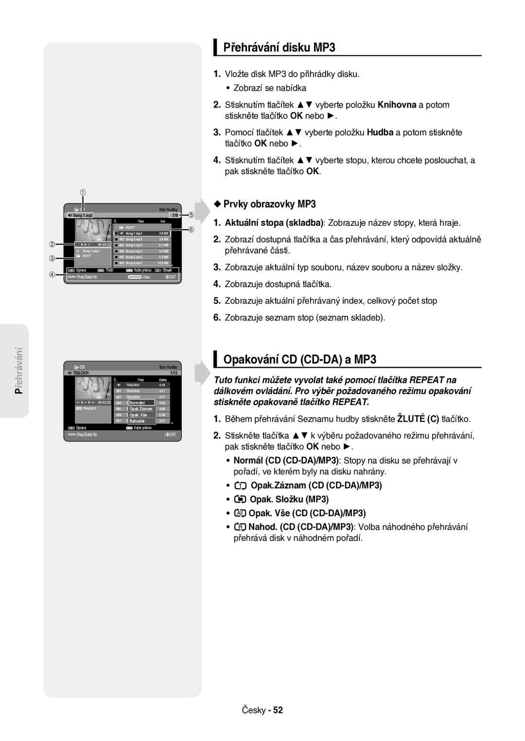 Samsung DVD-HR757/XEH manual Přehrávání disku MP3, Opakování CD CD-DA a MP3, Prvky obrazovky MP3, EhrávánířP 