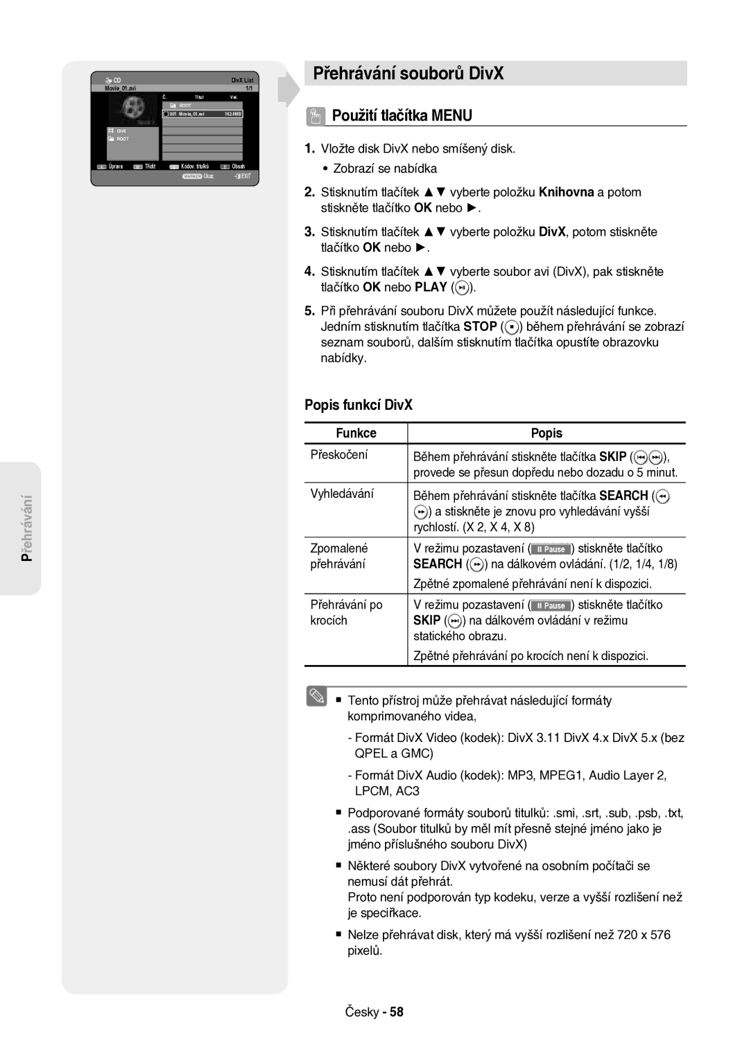 Samsung DVD-HR757/XEH manual Přehrávání souborů DivX, Použití tlačítka Menu, Popis funkcí DivX, Funkce Popis 