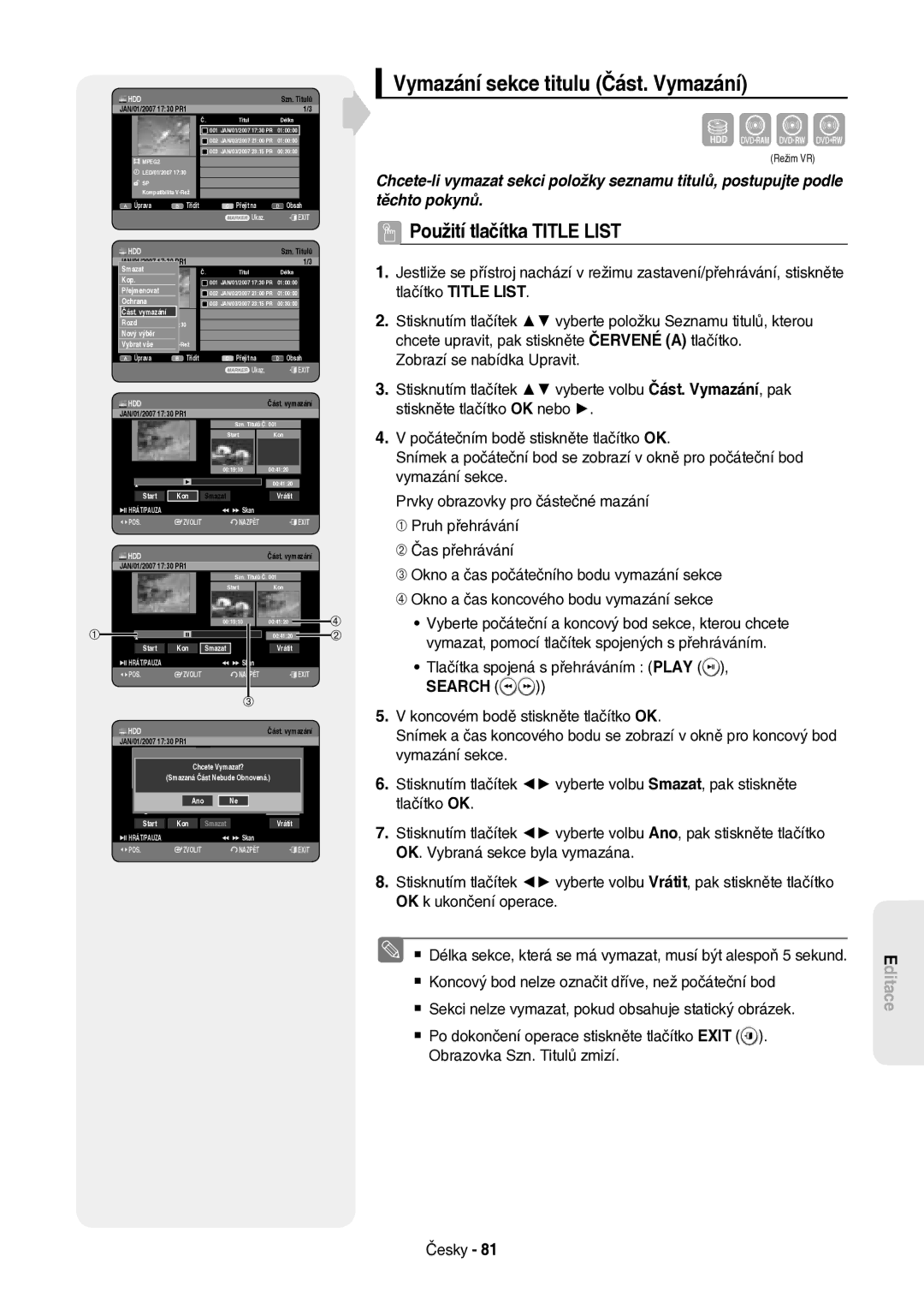 Samsung DVD-HR757/XEH manual Vymazání sekce titulu Část. Vymazání 