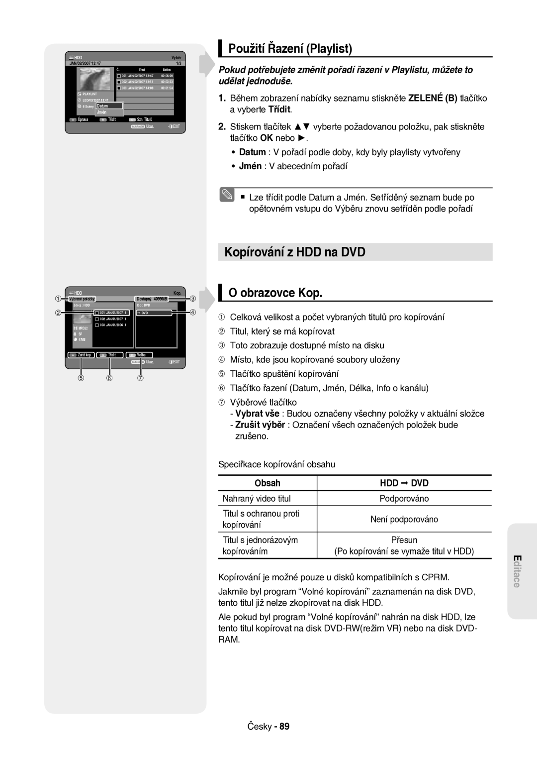 Samsung DVD-HR757/XEH manual Kopírování z HDD na DVD, Použití Řazení Playlist, Obrazovce Kop 