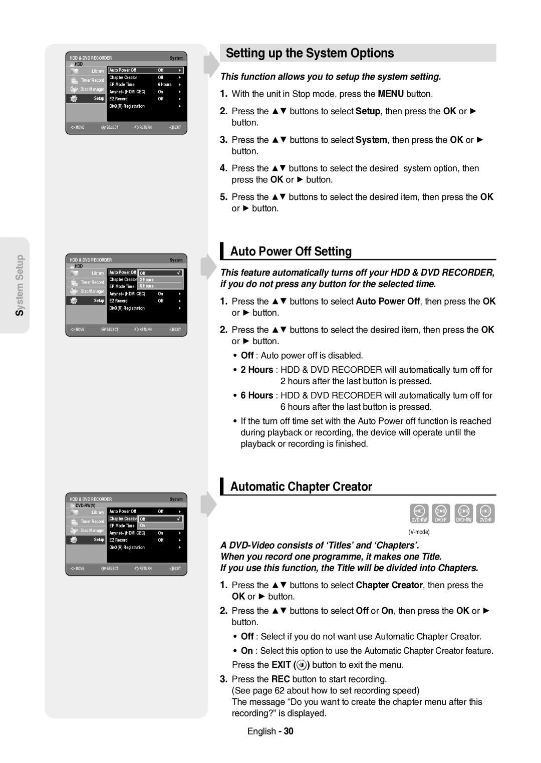 Samsung DVD-HR757/XEH manual Setting up the System Options, Auto Power Off Setting, Automatic Chapter Creator 