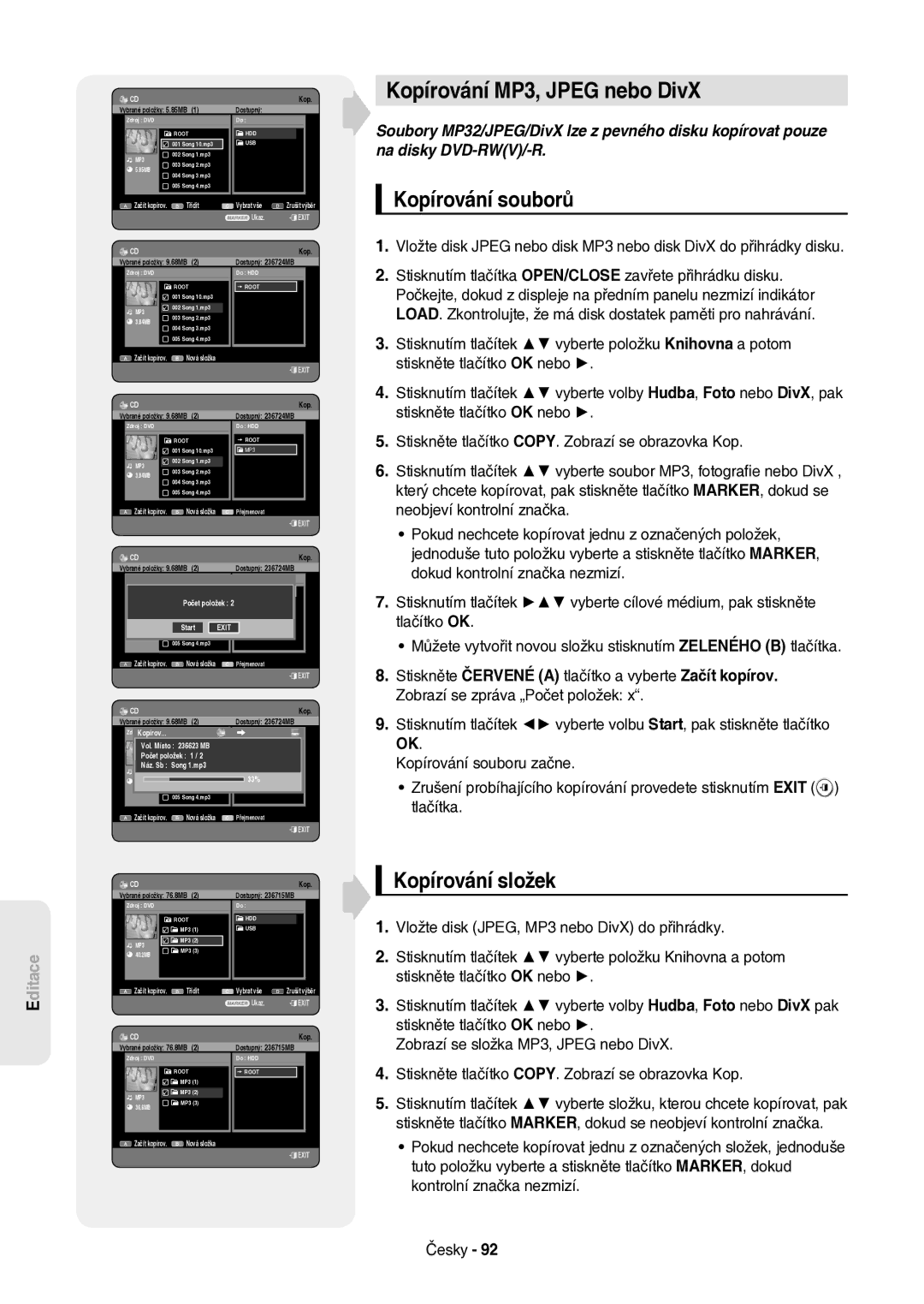 Samsung DVD-HR757/XEH manual Kopírování MP3, Jpeg nebo DivX, Kopírování souborů, Kopírování složek 