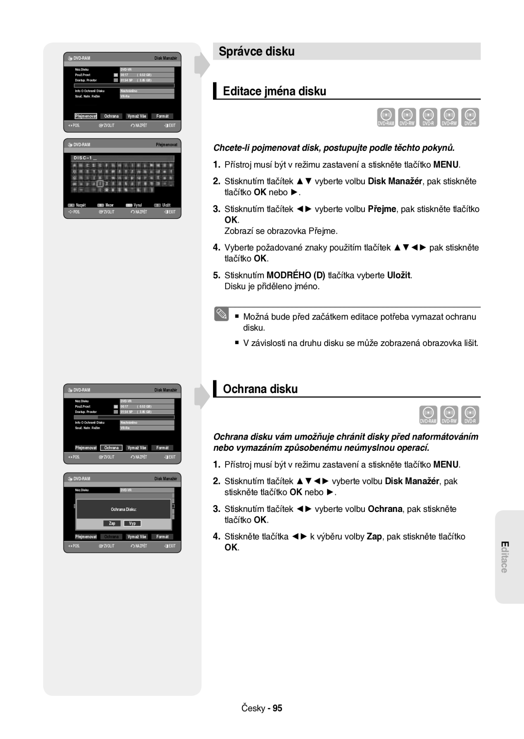 Samsung DVD-HR757/XEH manual Ochrana disku, Správce disku, Přejmenovat Ochrana Vymaž Vše, Vymaž Vše Formát 