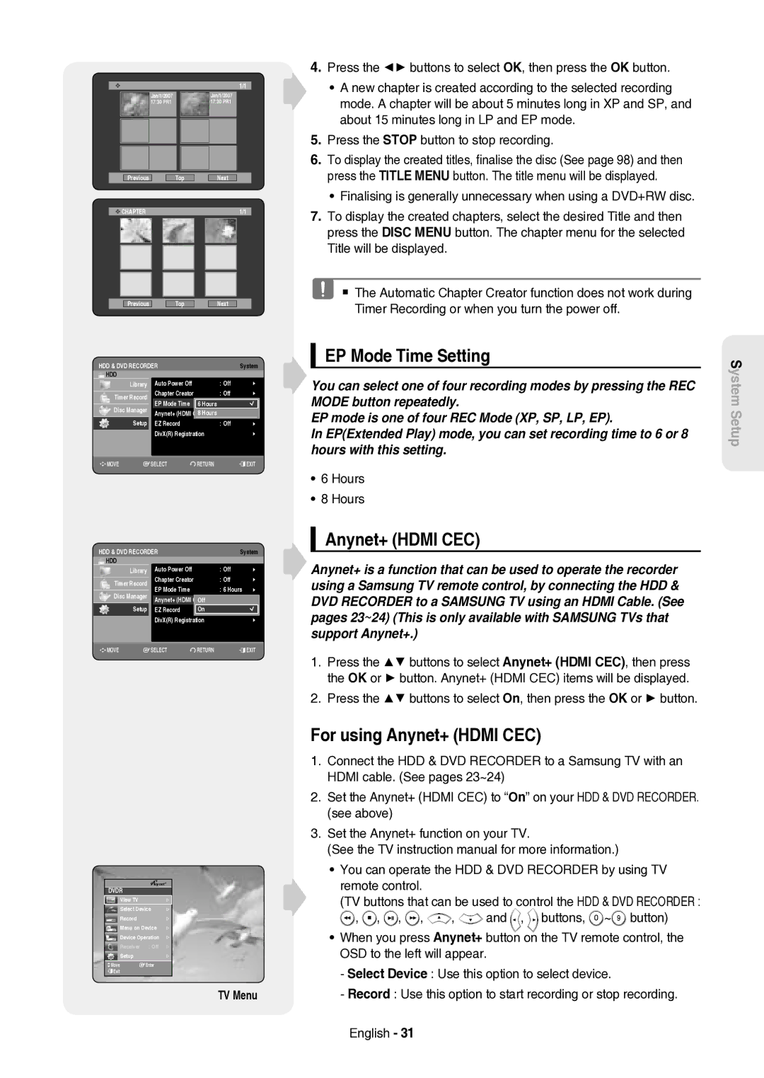 Samsung DVD-HR757/XEH manual EP Mode Time Setting, For using Anynet+ Hdmi CEC 