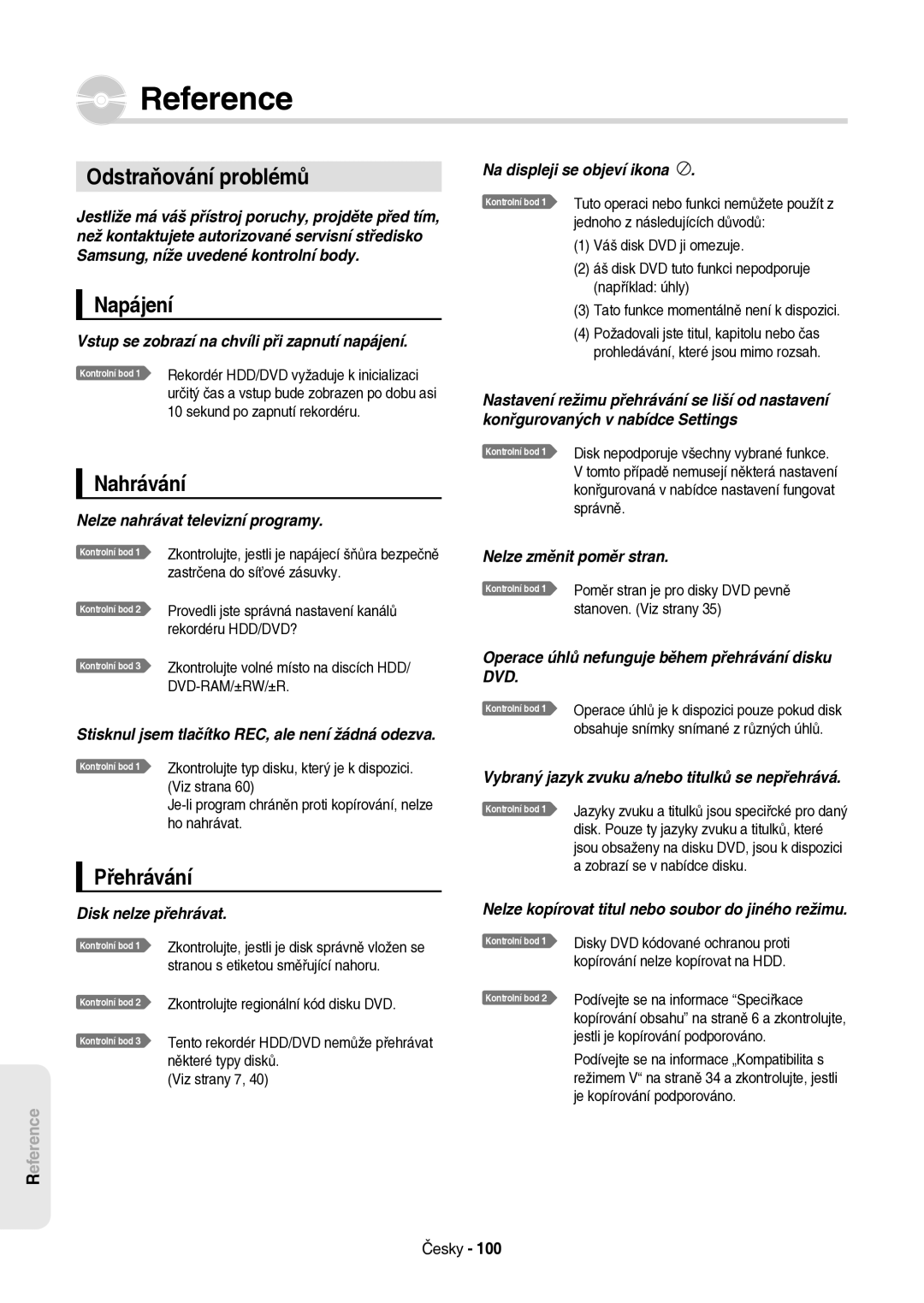 Samsung DVD-HR757/XEH manual Odstraňování problémů, Napájení, Nahrávání, Přehrávání 