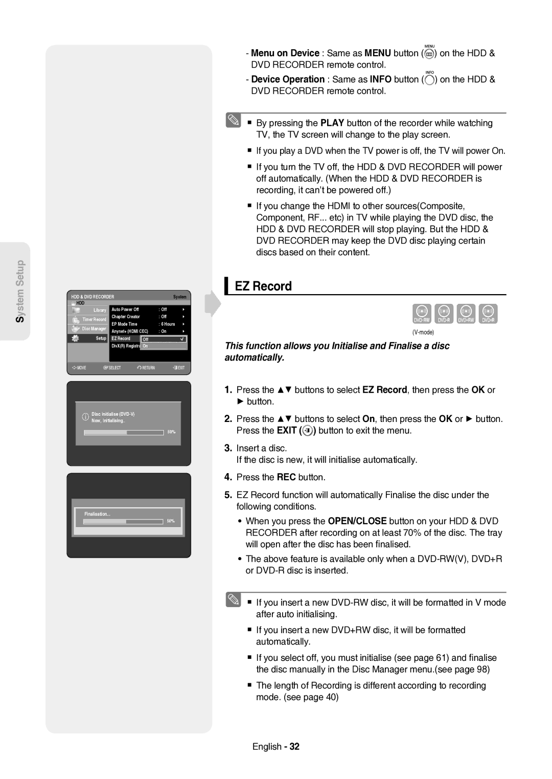 Samsung DVD-HR757/XEH manual Anynet+ Hdmi CEC Setup EZ Record, Disc Initialise DVD-V Now, initialising, Finalisation 