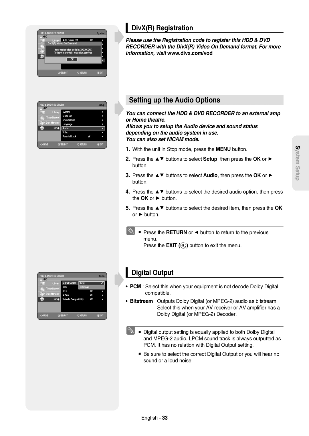 Samsung DVD-HR757/XEH manual Setting up the Audio Options, DivXR Registration, Digital Output 