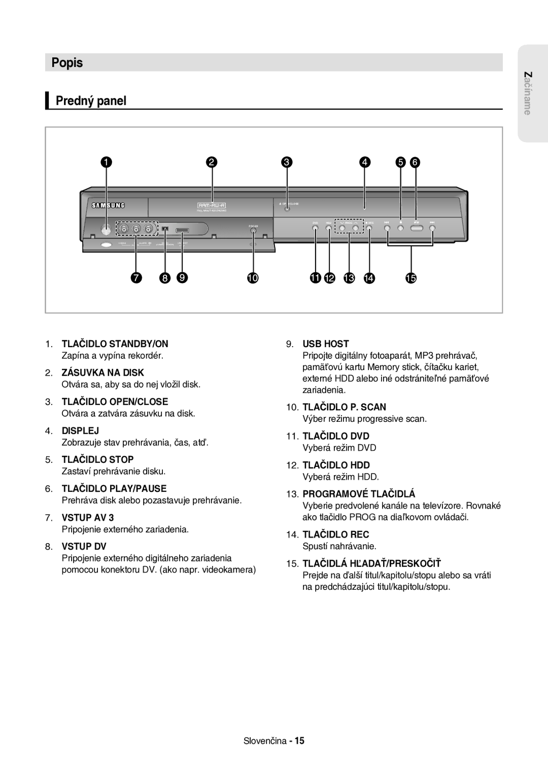 Samsung DVD-HR757/XEH manual Popis, Predný panel 