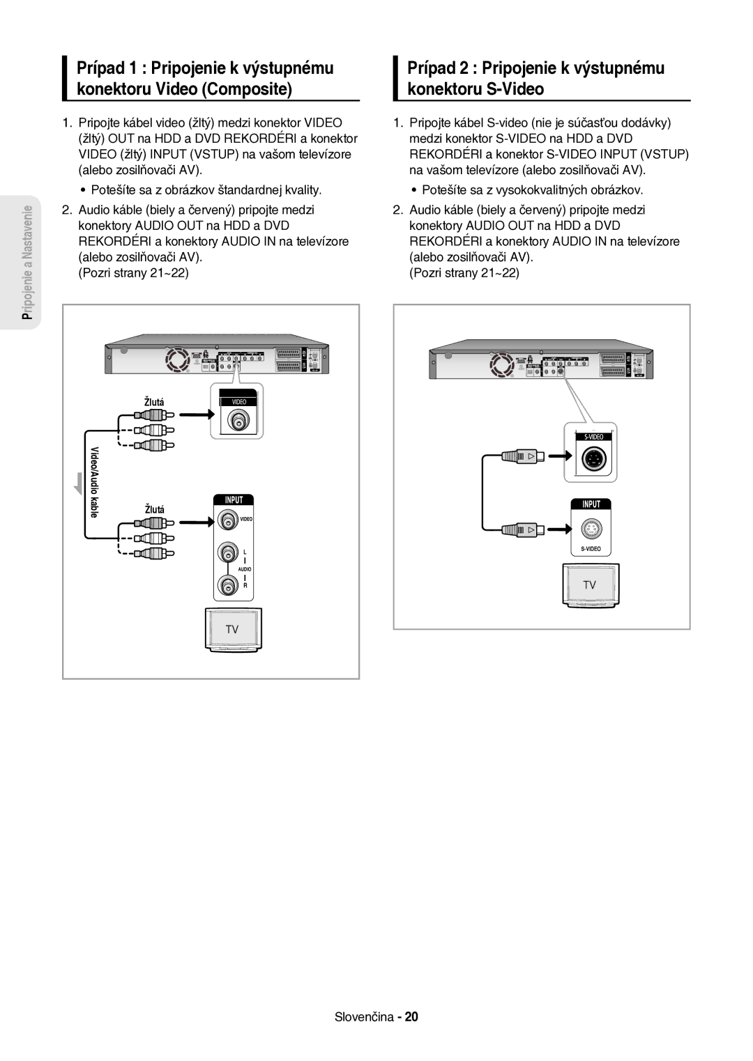 Samsung DVD-HR757/XEH manual Prípad 2 Pripojenie k výstupnému konektoru S-Video 