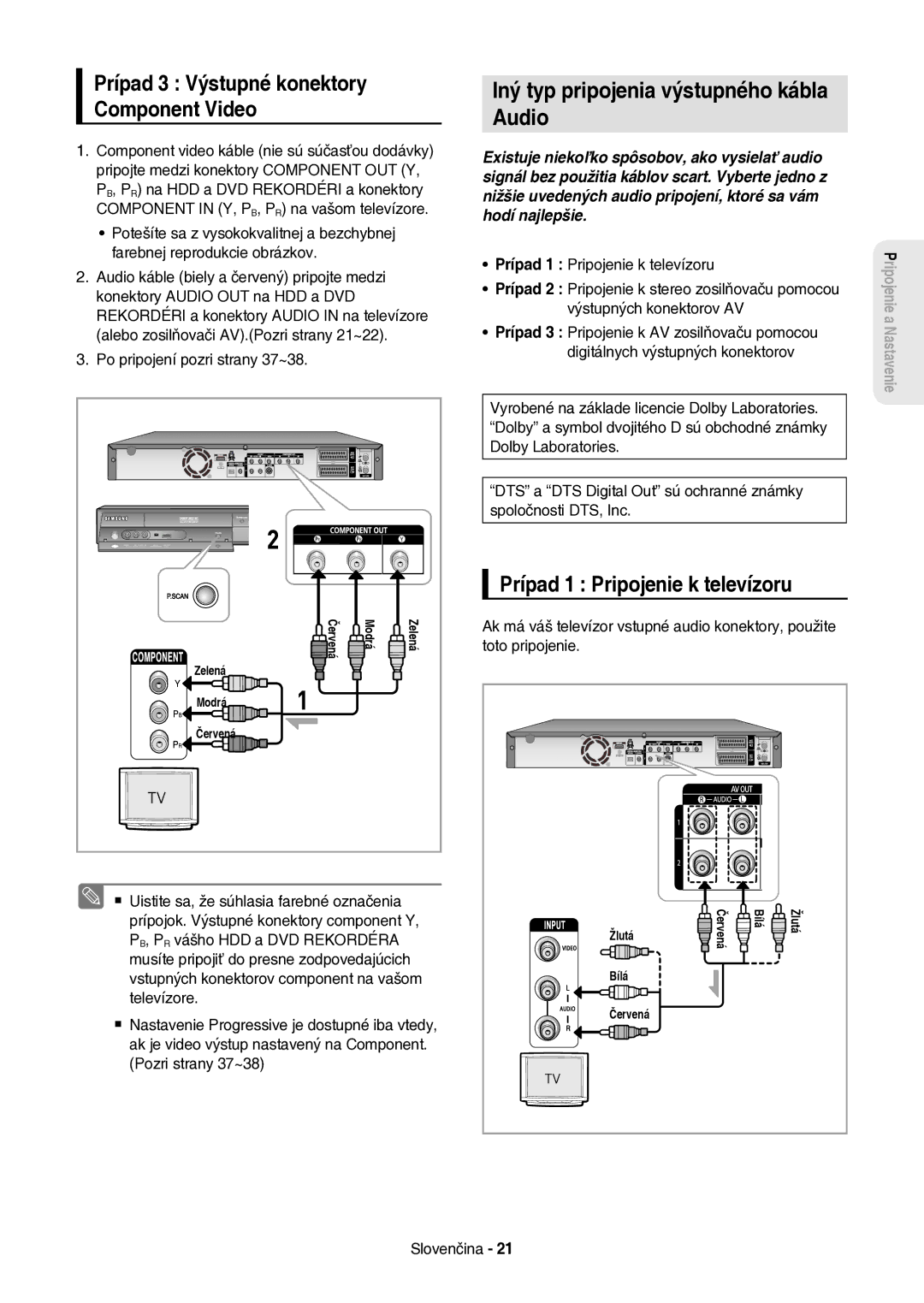 Samsung DVD-HR757/XEH manual Iný typ pripojenia výstupného kábla Audio, Prípad 3 Výstupné konektory Component Video 