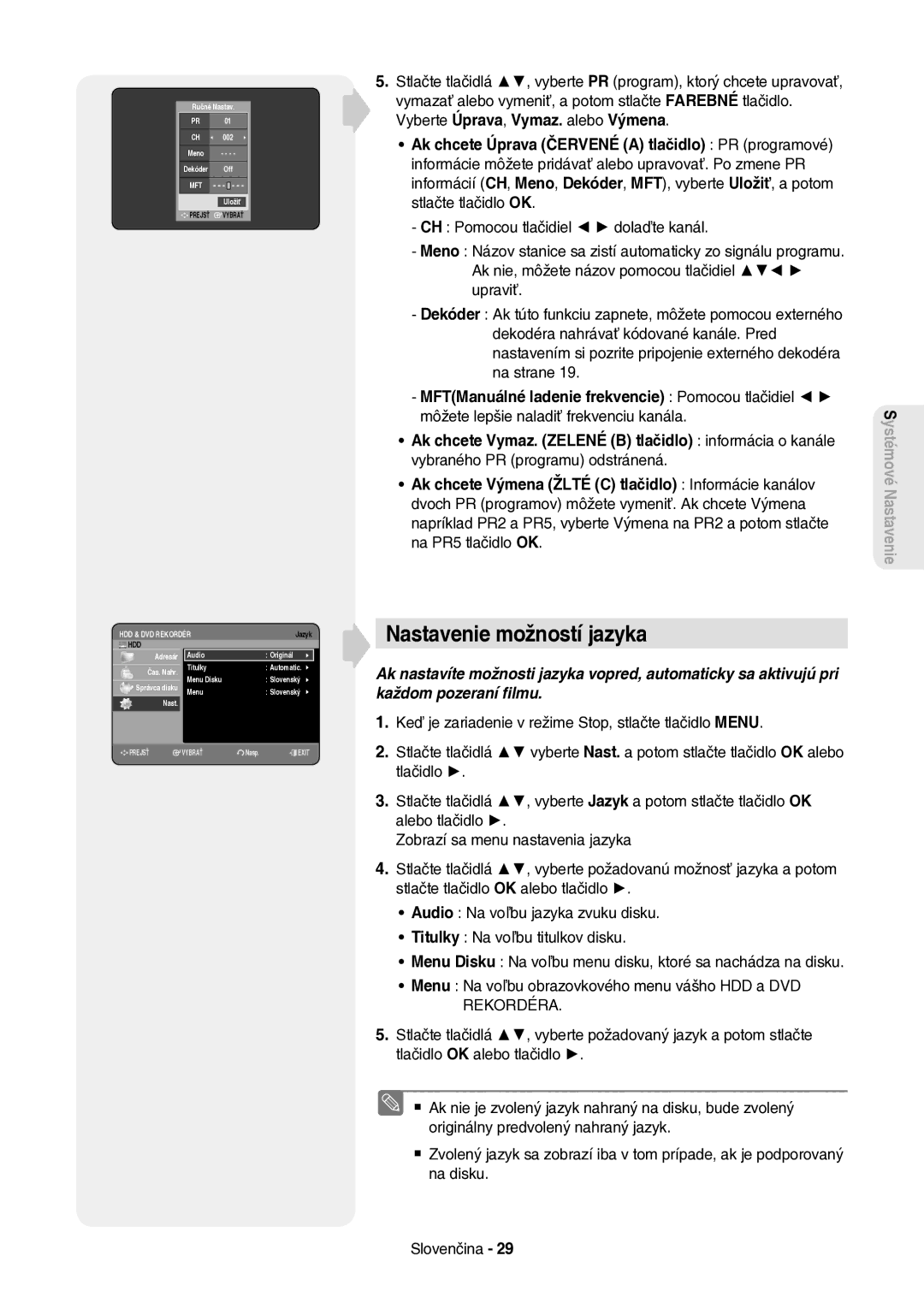 Samsung DVD-HR757/XEH manual Nastavenie možností jazyka, Ručné Nastav Meno Dekóder Off, Uložiť, Správca disku Menu 