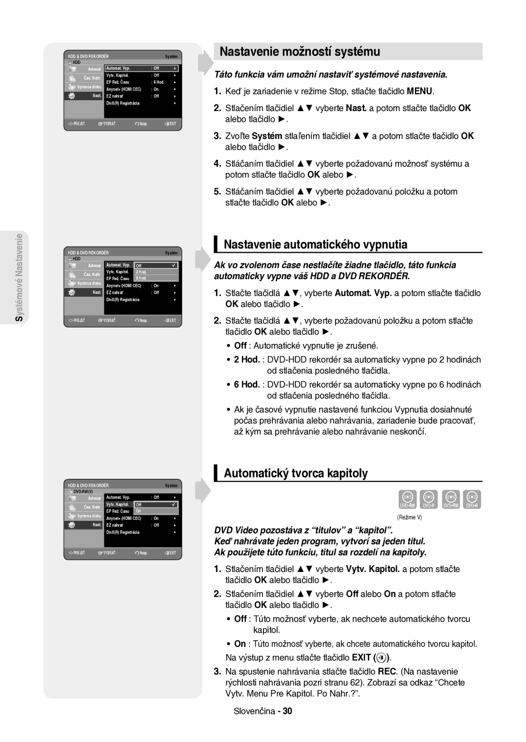 Samsung DVD-HR757/XEH manual Nastavenie možností systému, Nastavenie automatického vypnutia, Automatický tvorca kapitoly 