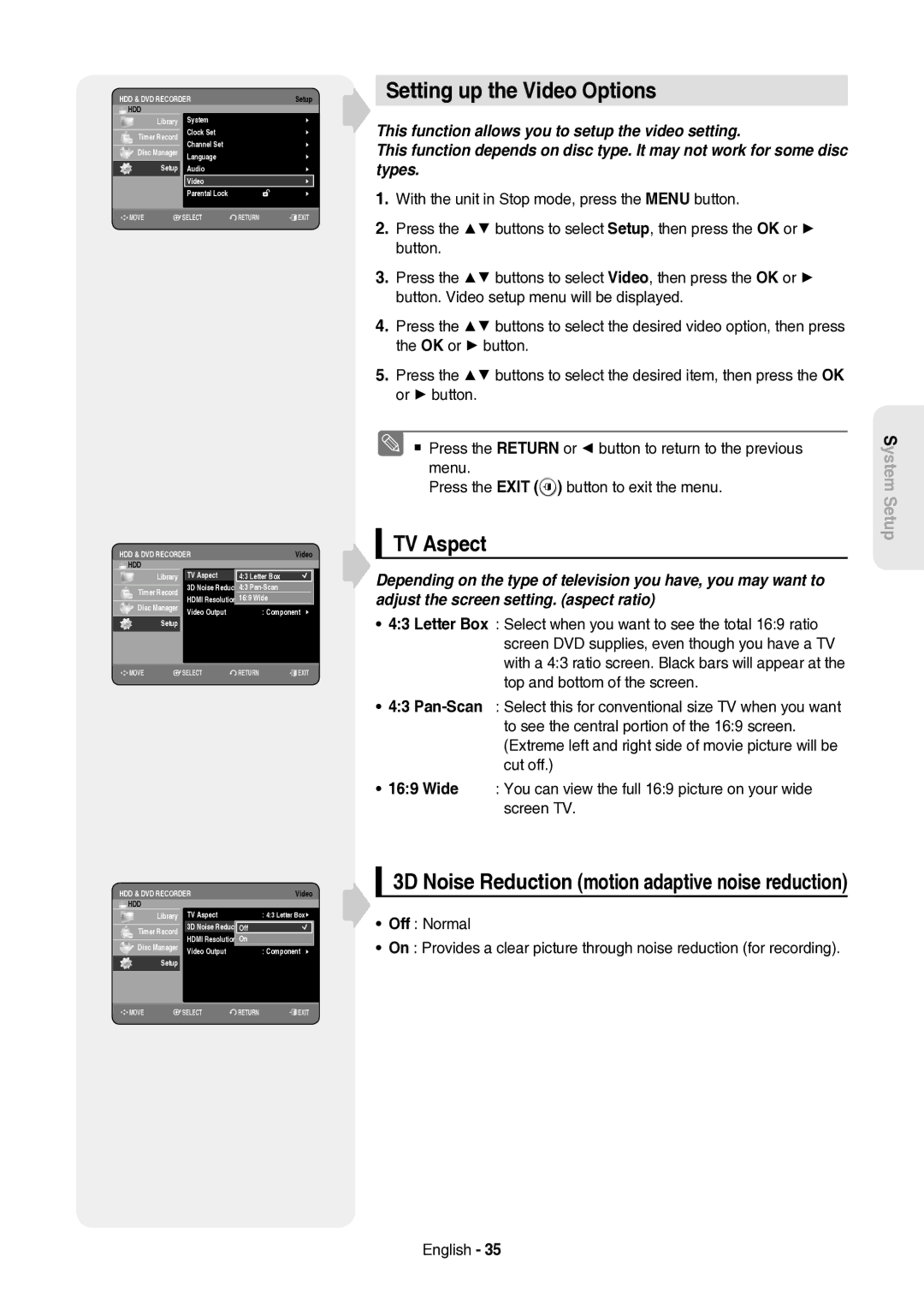 Samsung DVD-HR757/XEH manual Setting up the Video Options, TV Aspect, 3D Noise Reduction motion adaptive noise reduction 