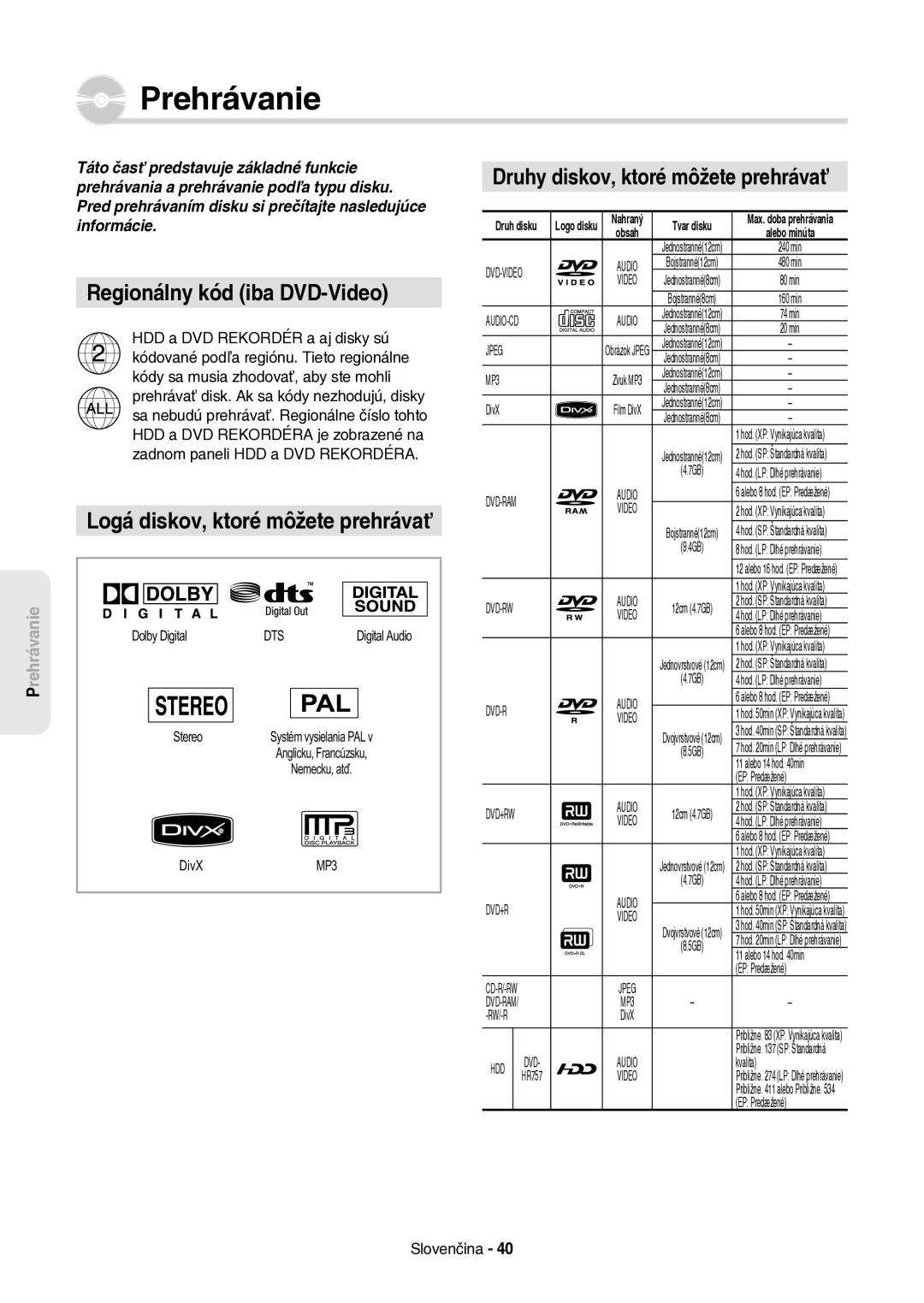 Samsung DVD-HR757/XEH manual Prehrávanie, Regionálny kód iba DVD-Video, Logá diskov, ktoré môžete prehrávať 