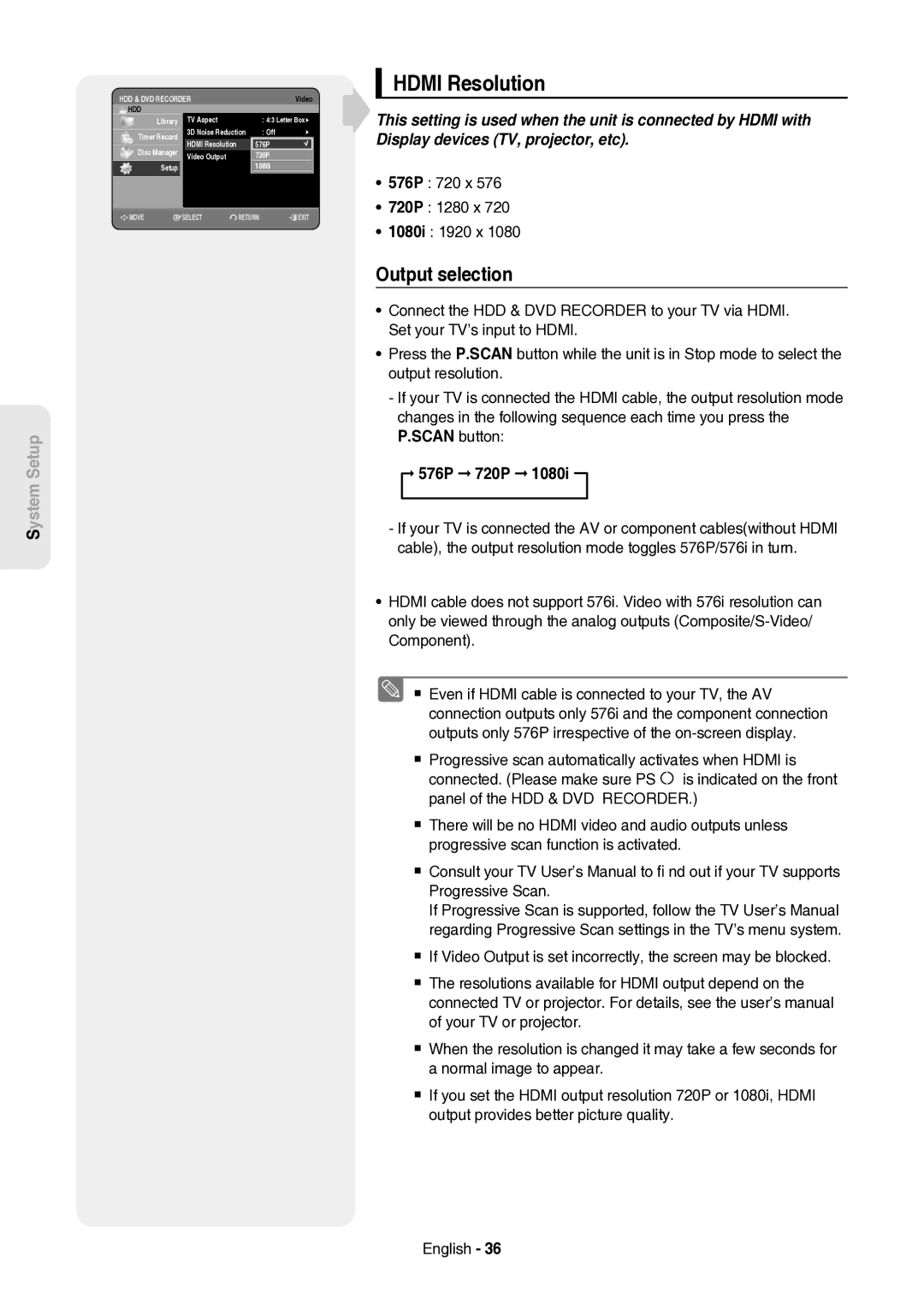 Samsung DVD-HR757/XEH manual Hdmi Resolution, Output selection, 576P 720 x 720P 1280 x 1080i 1920 x, 576P 720P 