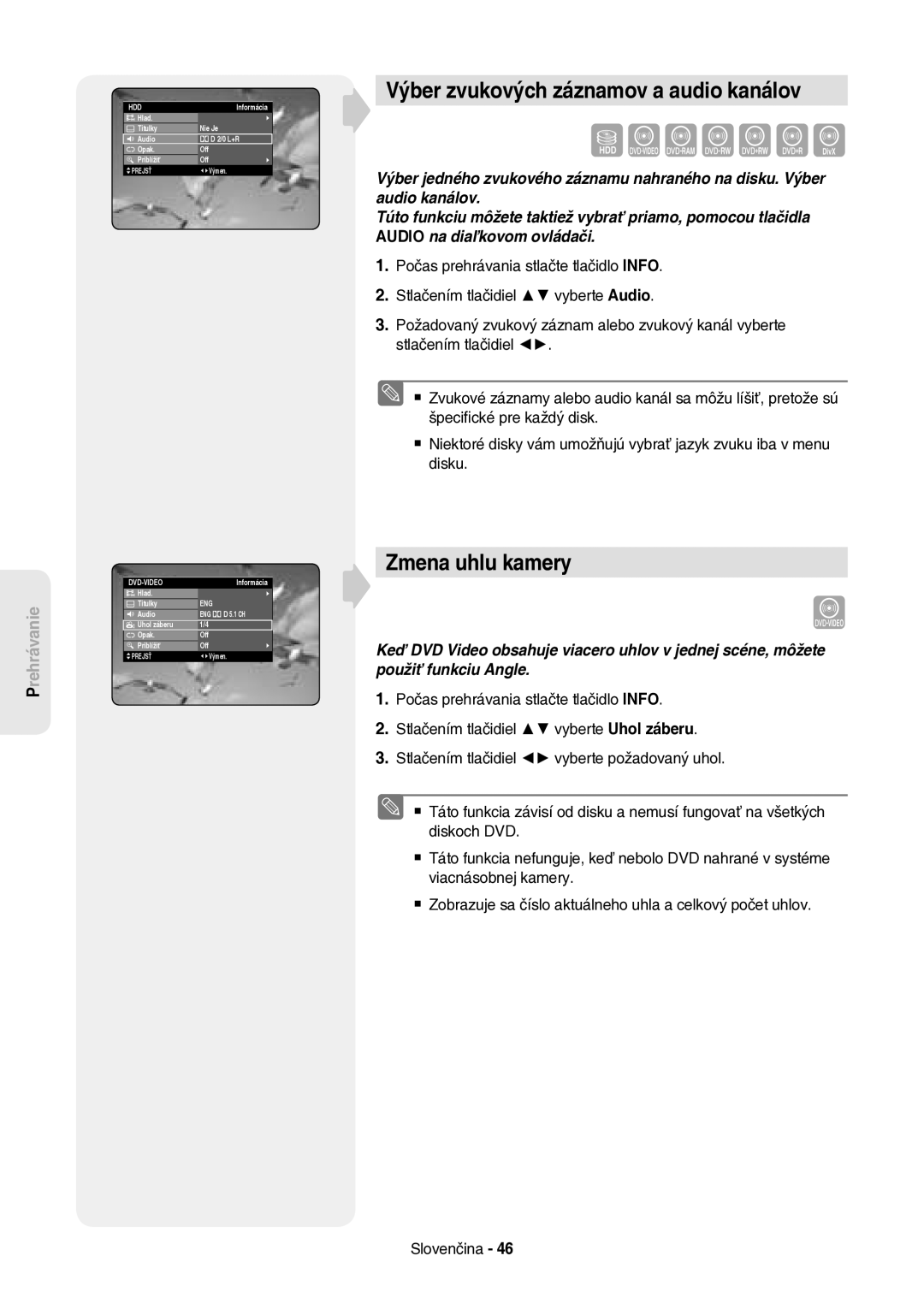 Samsung DVD-HR757/XEH manual Výber zvukových záznamov a audio kanálov, Zmena uhlu kamery, Hlad Titulky 