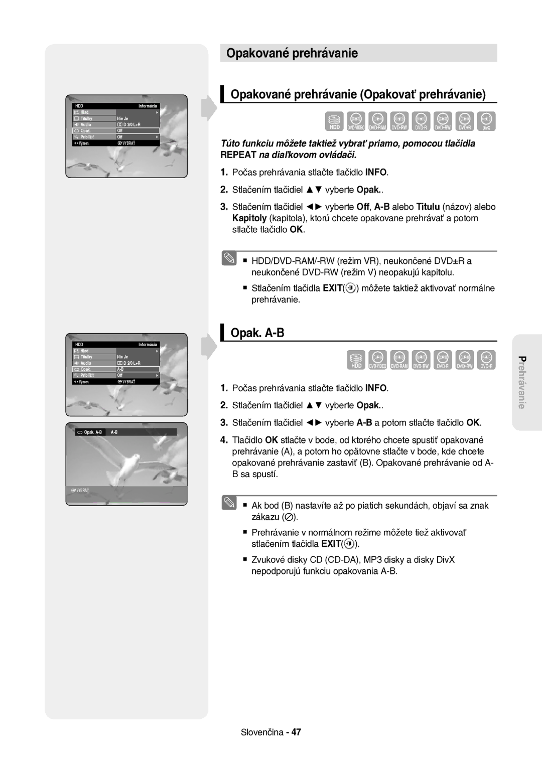 Samsung DVD-HR757/XEH manual Opakované prehrávanie Opakovať prehrávanie, Opak. A-B 